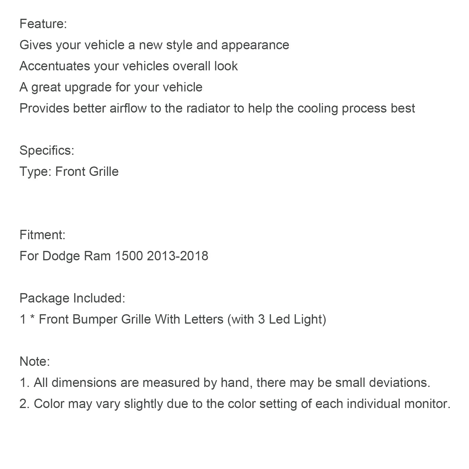 Ram 1500 2013-2018 Grill ABS Honeycomb Bumper Grill Mesh Rebel Style BLK W/Light Generic