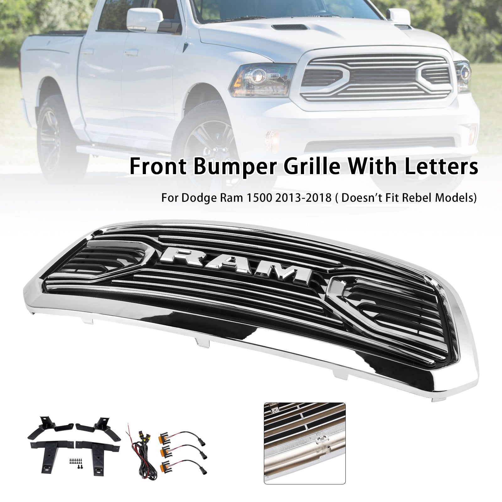 2013-2018 Dodge Ram 1500 Big Horn Style Front Bumper Grill Grille Chrome
