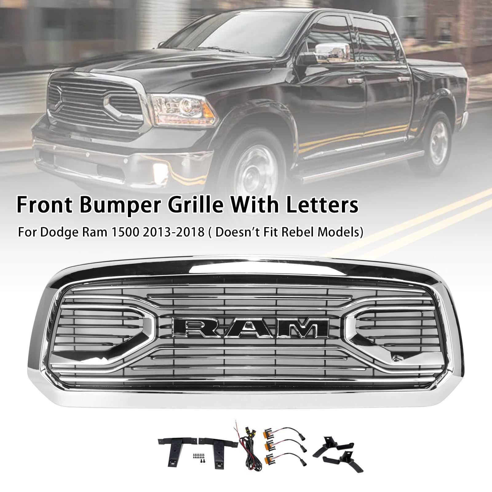 2013-2018 Dodge Ram 1500 Big Horn Style Front Bumper Grill Grille Chrome