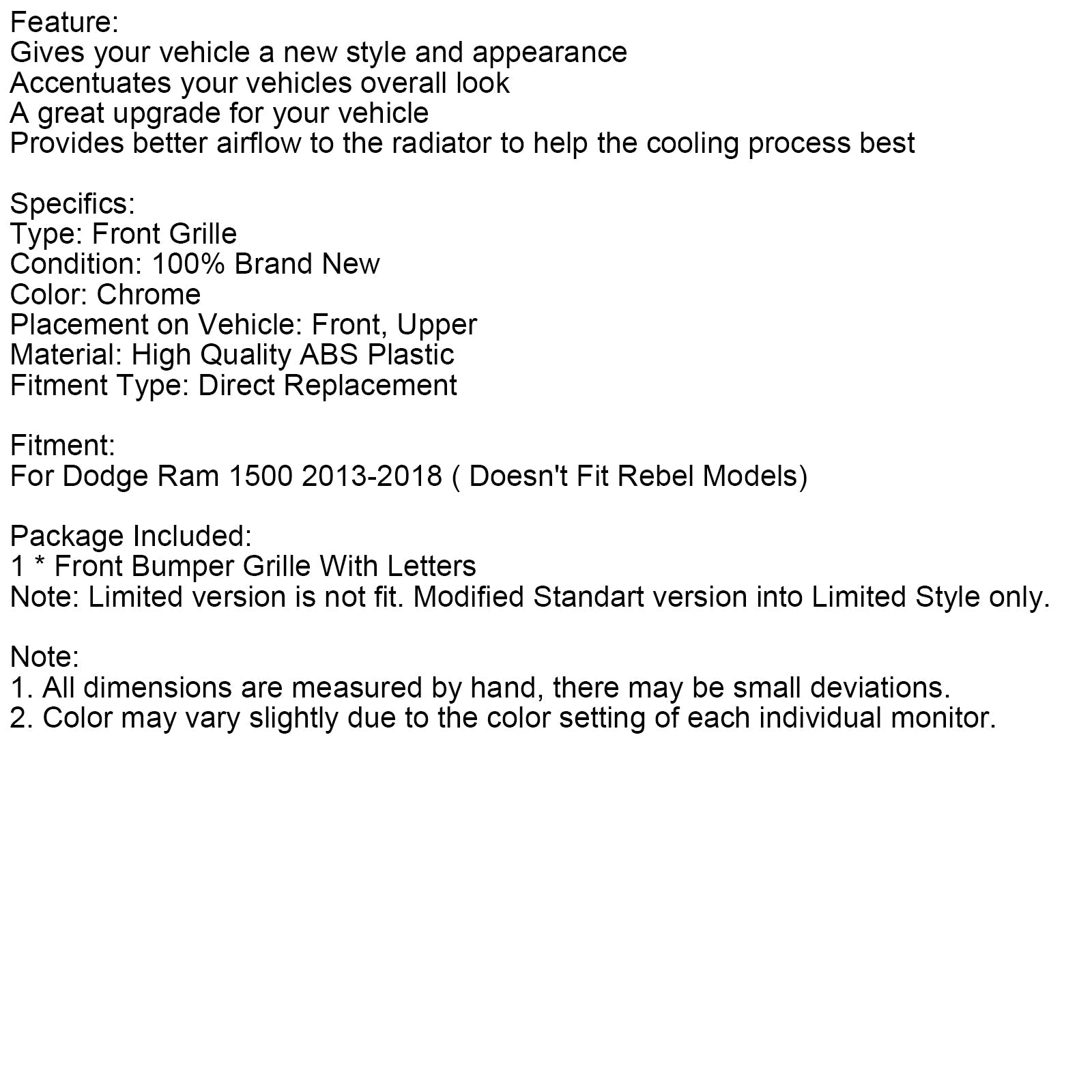 2013-2018 Dodge Ram 1500 LTD Style Front Bumper Grill Grille Chrome