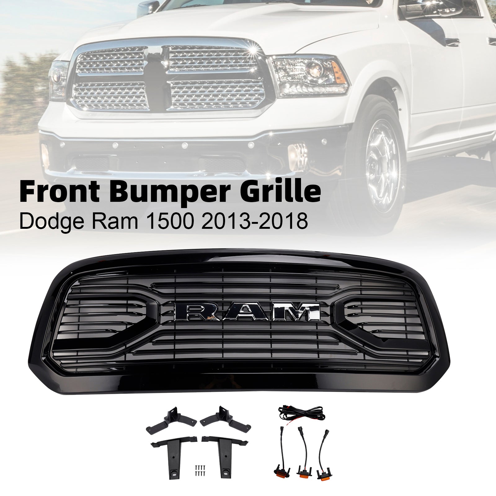 2013-2018 Dodge Ram 1500 Big Horn Style Front Bumper Grill Grille Black