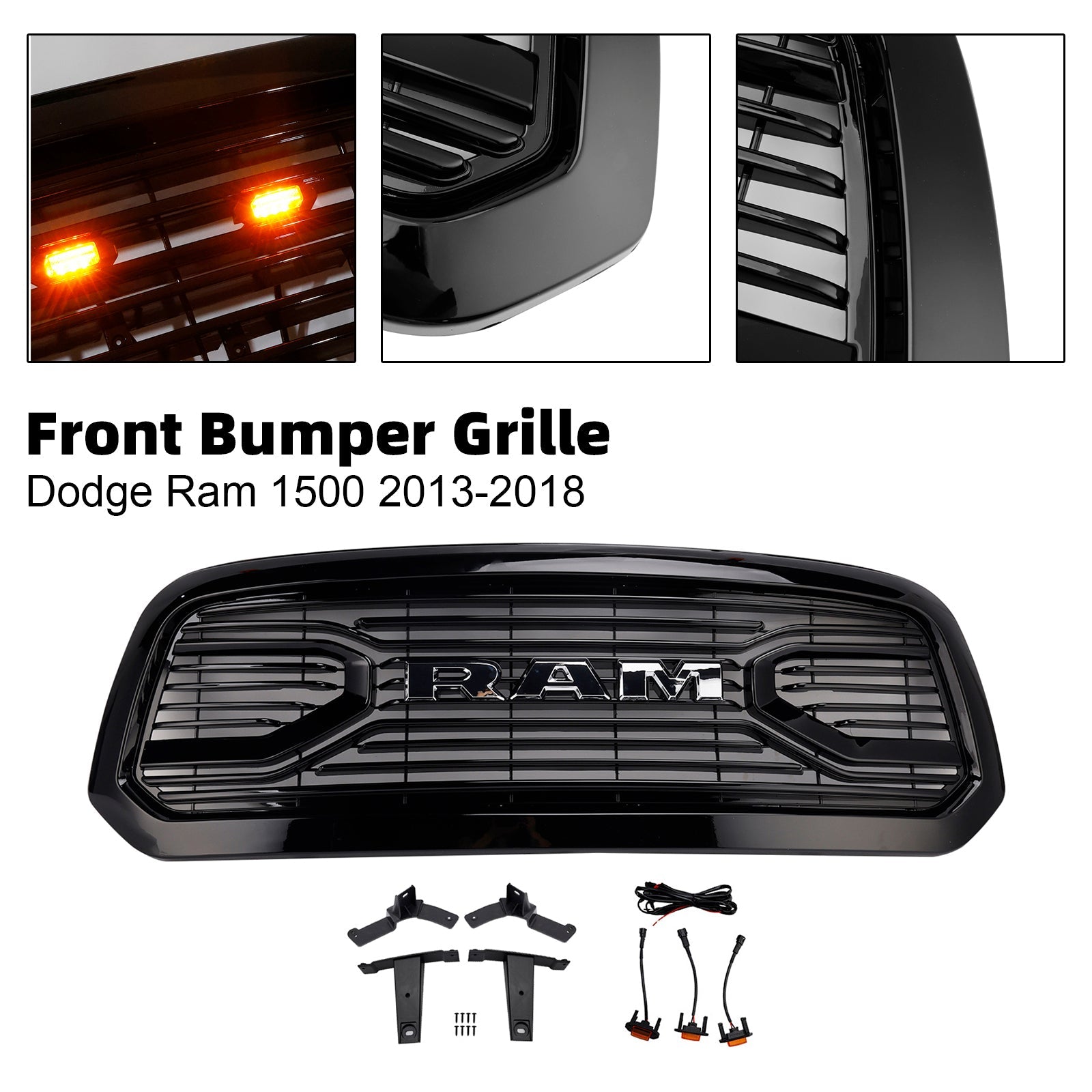 2013-2018 Dodge Ram 1500 Big Horn Style Front Bumper Grill Grille Black