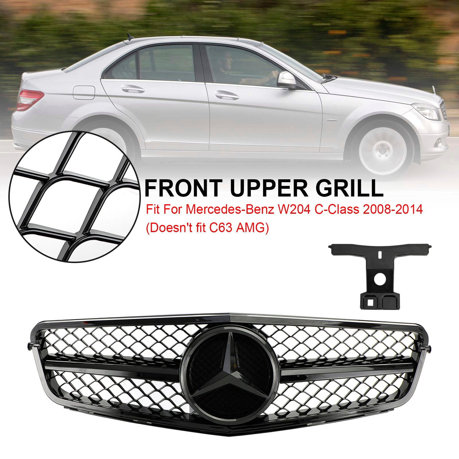C63 Style Gloss Black Grill Grille Fits C-Class Benz W204 C300 C350 2008-2014