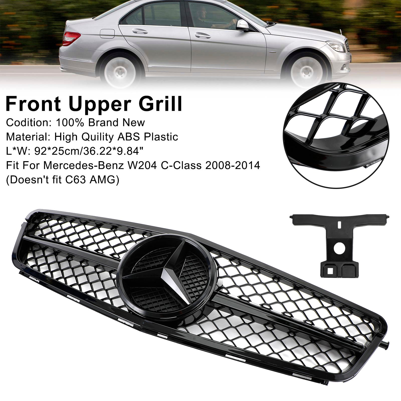 C63 Style Gloss Black Grill Grille Fits C-Class Benz W204 C300 C350 2008-2014