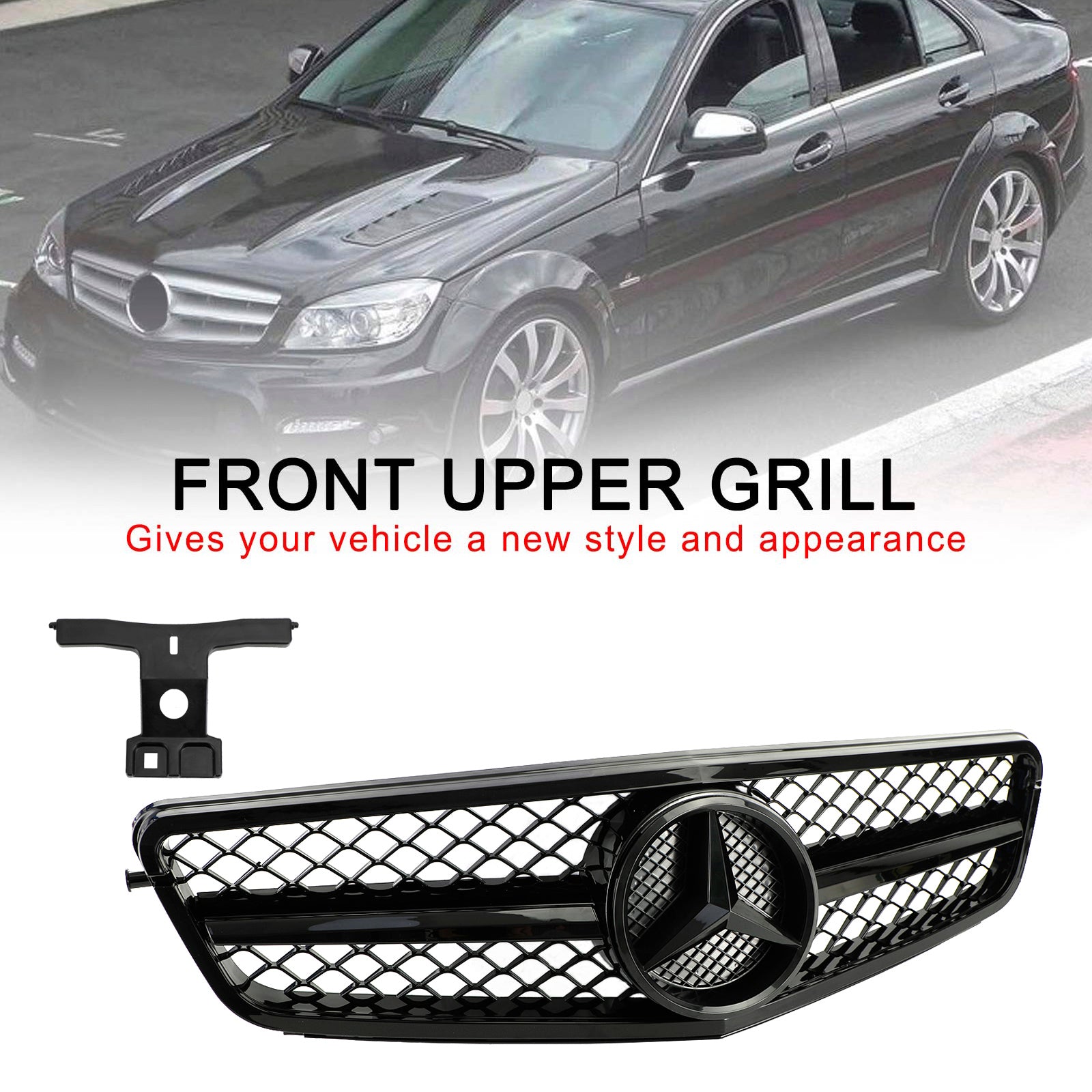 C63 Style Gloss Black Grill Grille Fits C-Class Benz W204 C300 C350 2008-2014