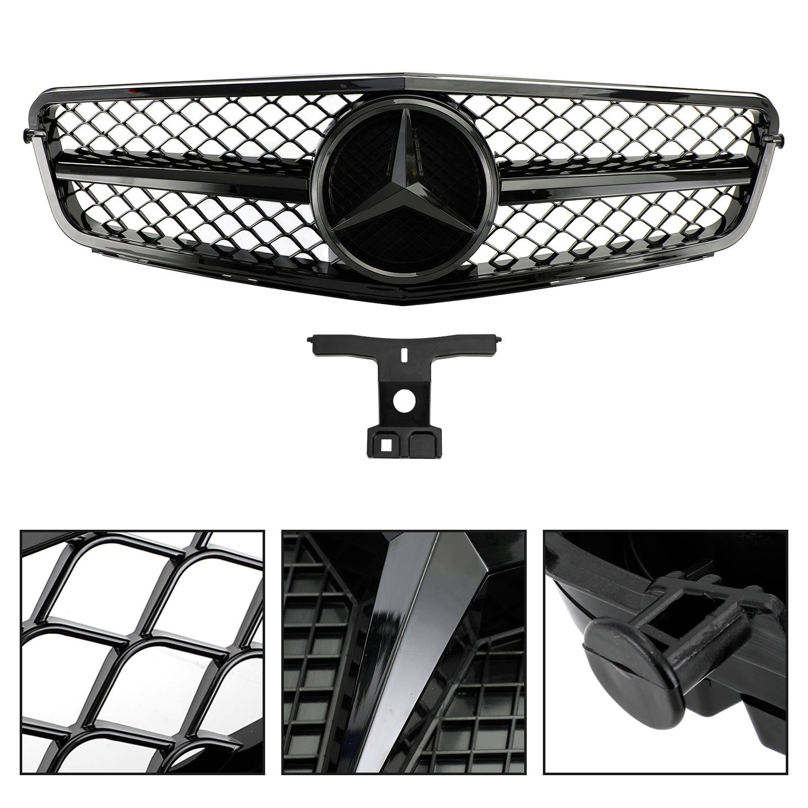 C63 Style Gloss Black Grill Grille Fits C-Class Benz W204 C300 C350 2008-2014