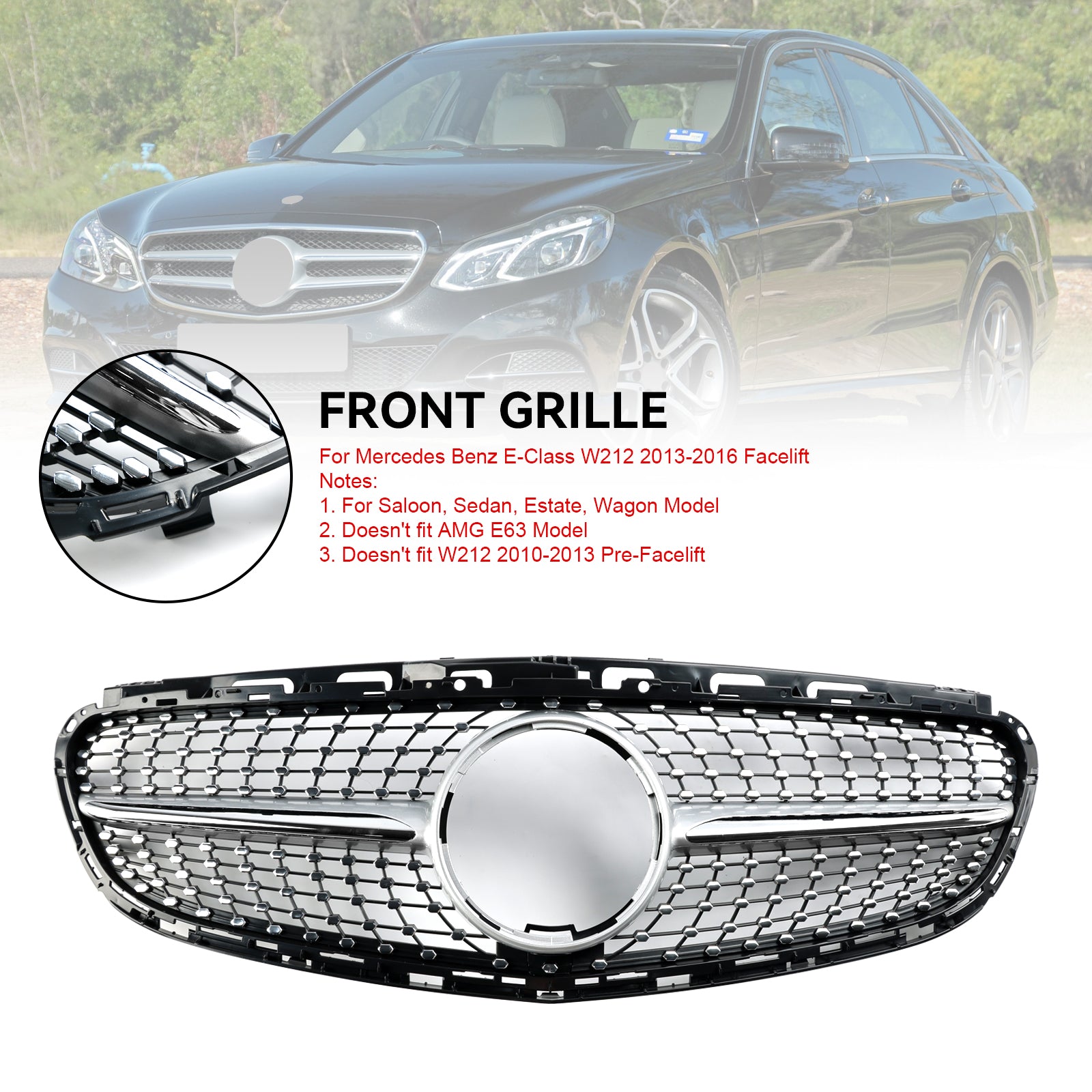 Diamond Front Bumper Grille Grill Fit Mercedes E-Class W212 2013-2016 Facelift