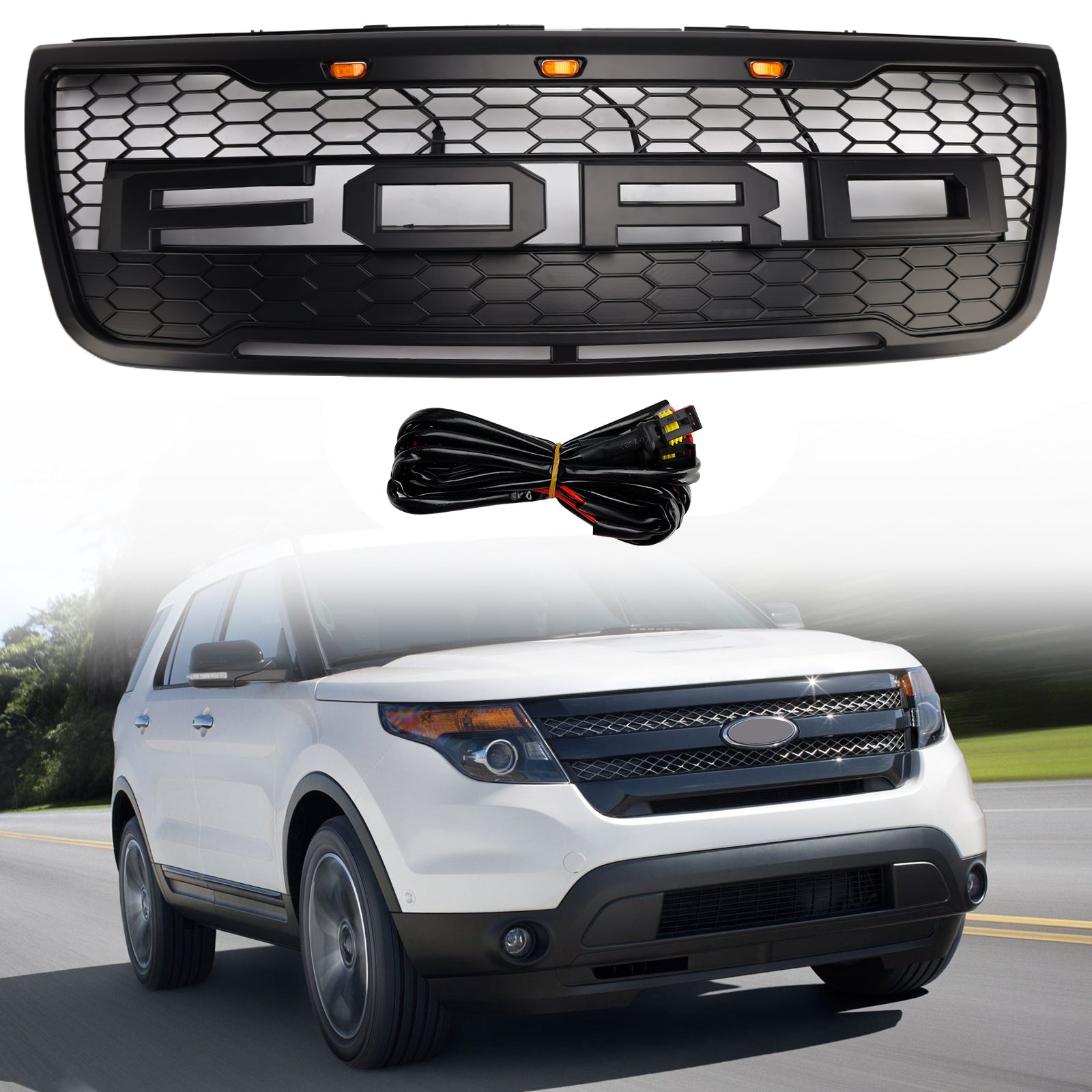 2012-2015 Ford Explorer With Lights Grey Front Upper Bumper Grill Grille