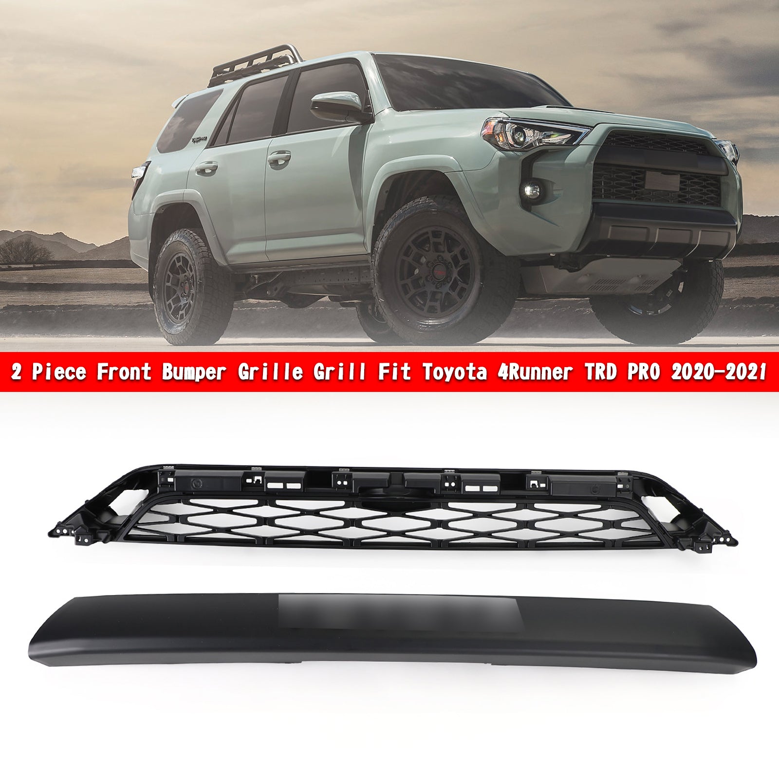 Toyota 4Runner 2020-2024 TRD PRO Black 2 Piece Front Bumper Grille Grill Generic