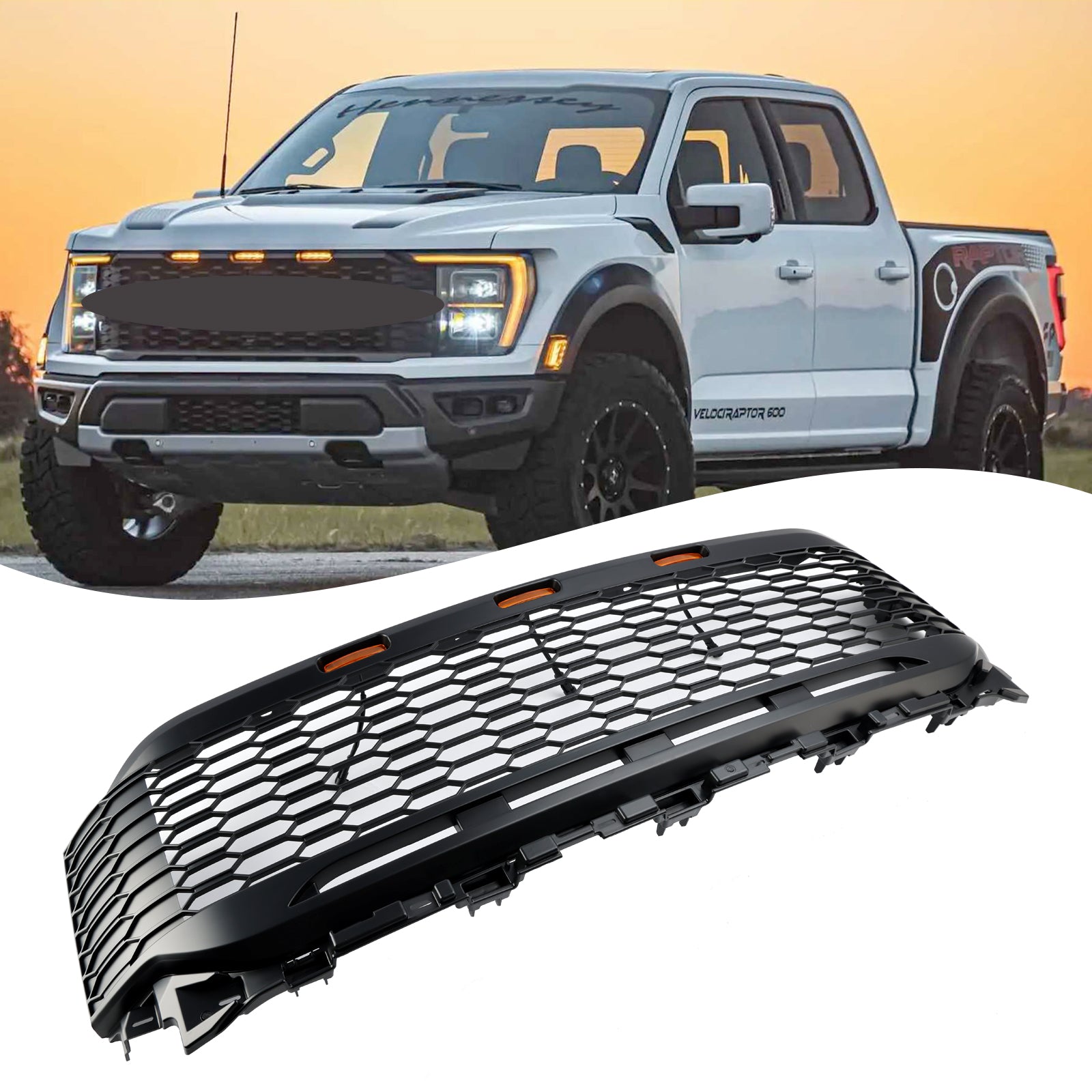 Replacement ABS Front Bumper Grill Grille Fit Ford F150 2021-2023 Raptor W/ LED Without Camera Housing