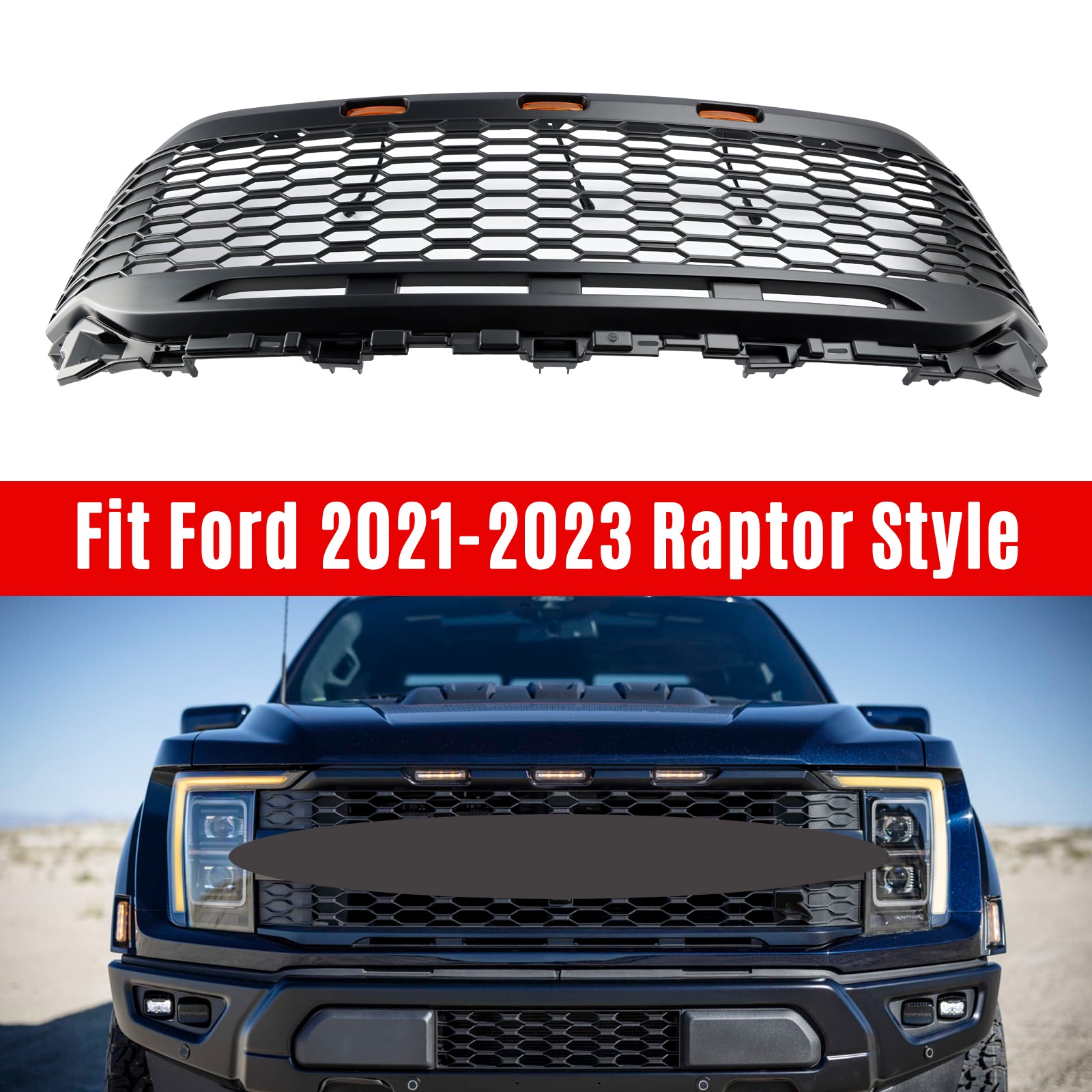 Replacement ABS Front Bumper Grill Grille Fit Ford F150 2021-2023 Raptor W/ LED Without Camera Housing