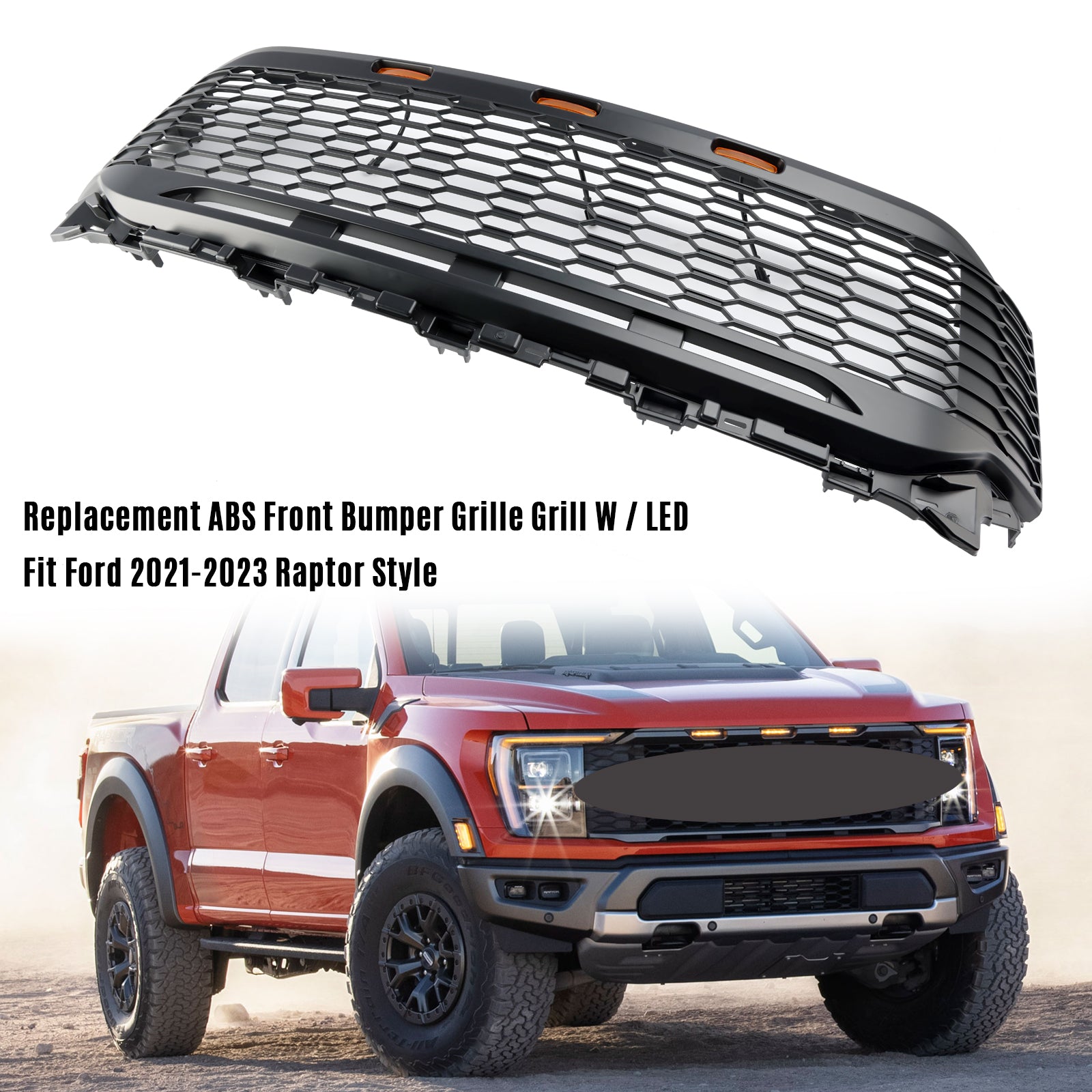 Replacement ABS Front Bumper Grill Grille Fit Ford F150 2021-2023 Raptor W/ LED Without Camera Housing