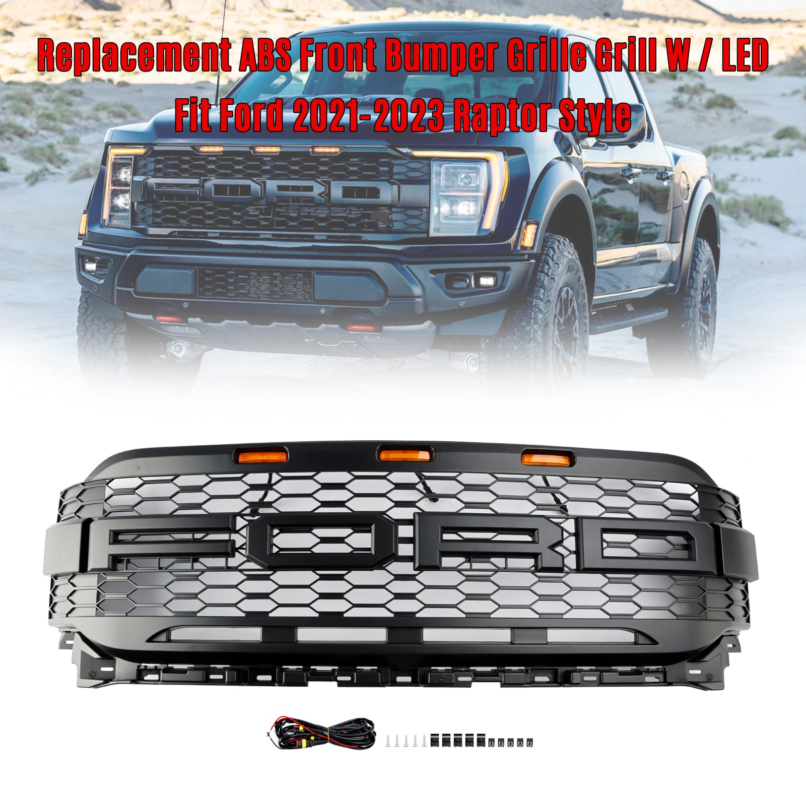 Replacement ABS Front Bumper Grill Grille Fit Ford F150 2021-2023 Raptor W/ LED Without Camera Housing
