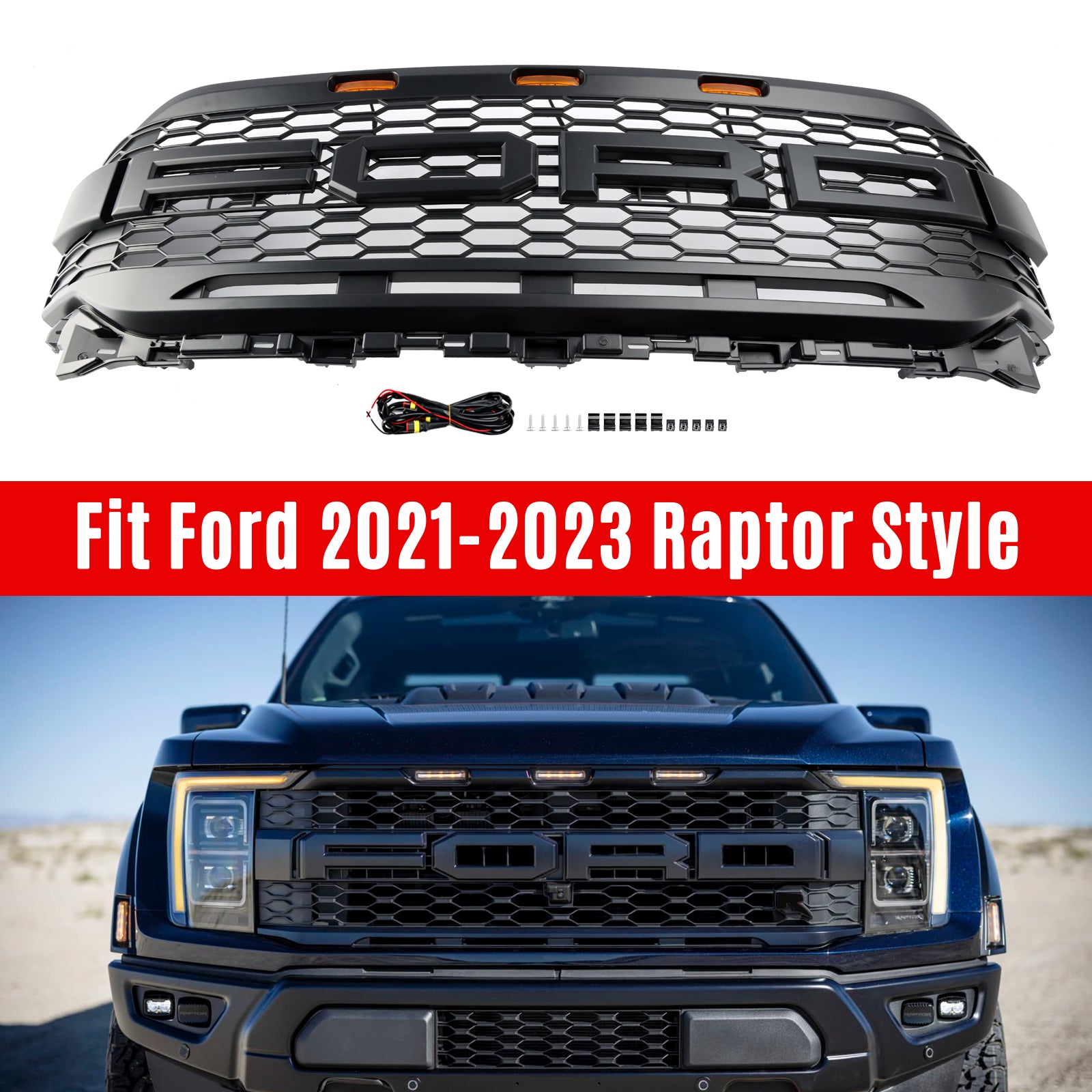 Replacement ABS Front Bumper Grill Grille Fit Ford F150 2021-2023 Raptor W/ LED Without Camera Housing