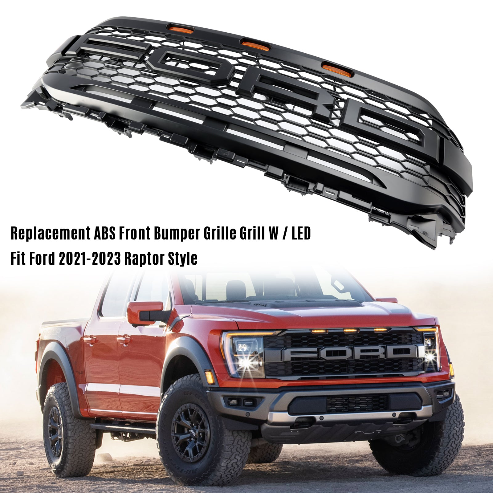 Replacement ABS Front Bumper Grill Grille Fit Ford F150 2021-2023 Raptor W/ LED Without Camera Housing