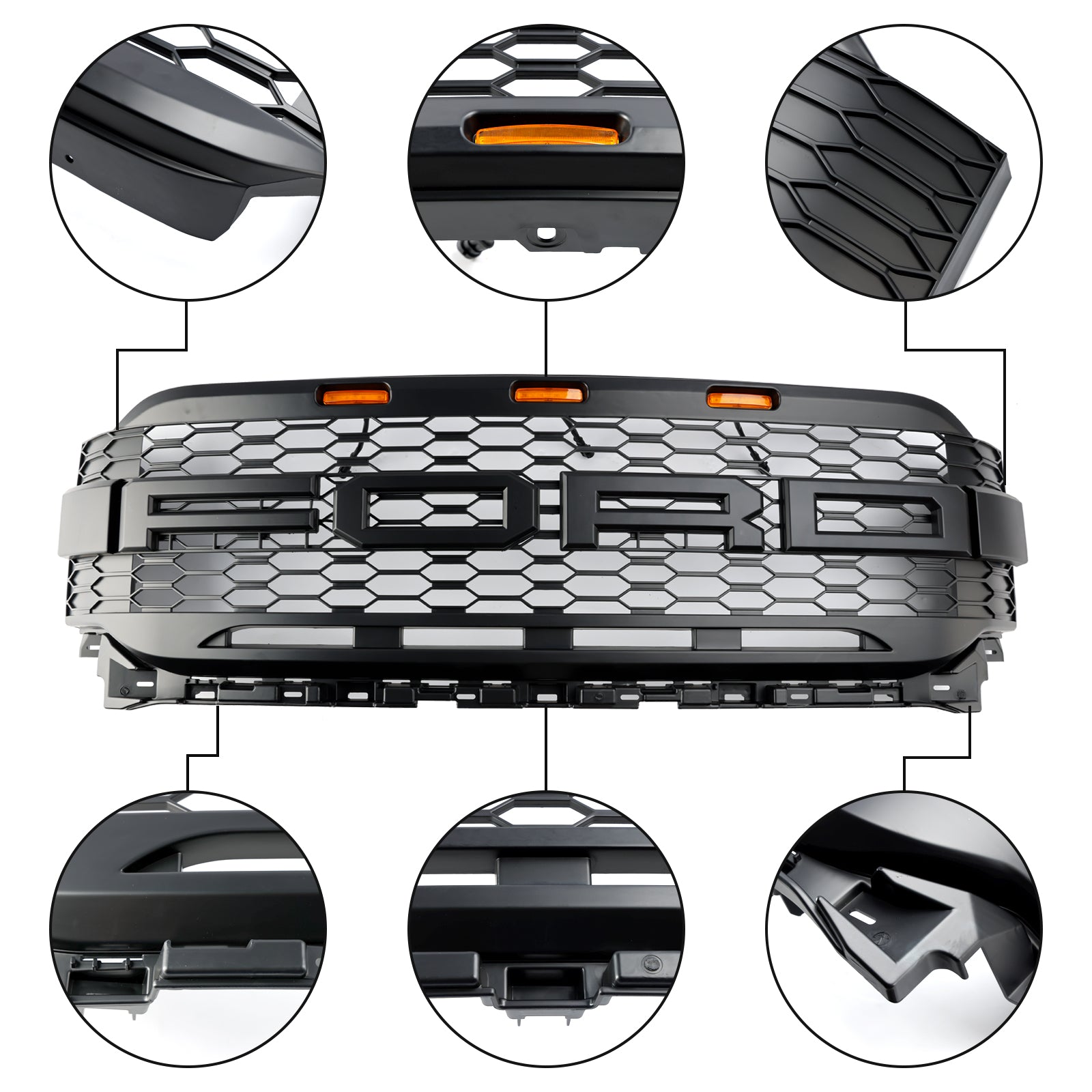 Replacement ABS Front Bumper Grill Grille Fit Ford F150 2021-2023 Raptor W/ LED Without Camera Housing