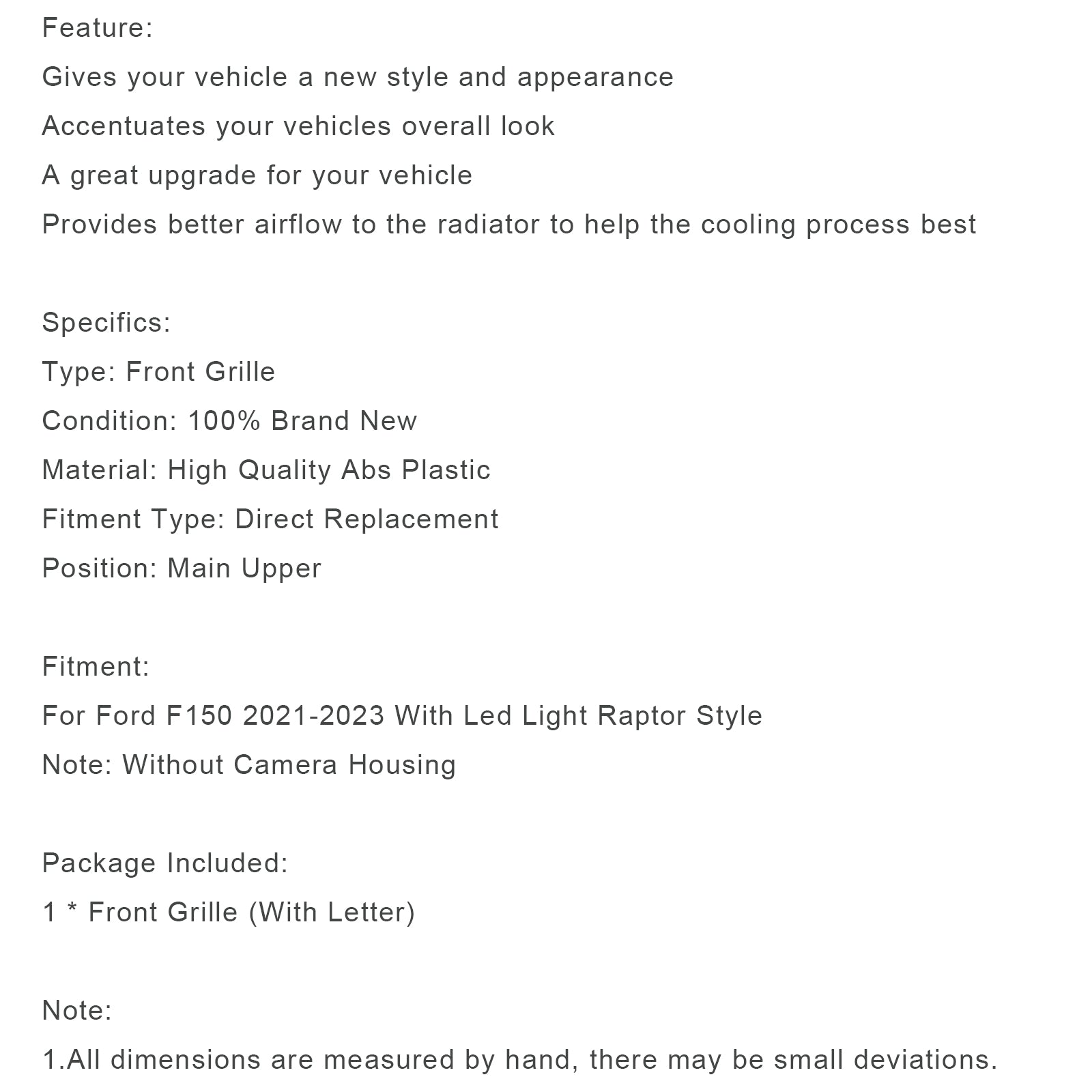 Replacement ABS Front Bumper Grill Grille Fit Ford F150 2021-2023 Raptor W/ LED Without Camera Housing