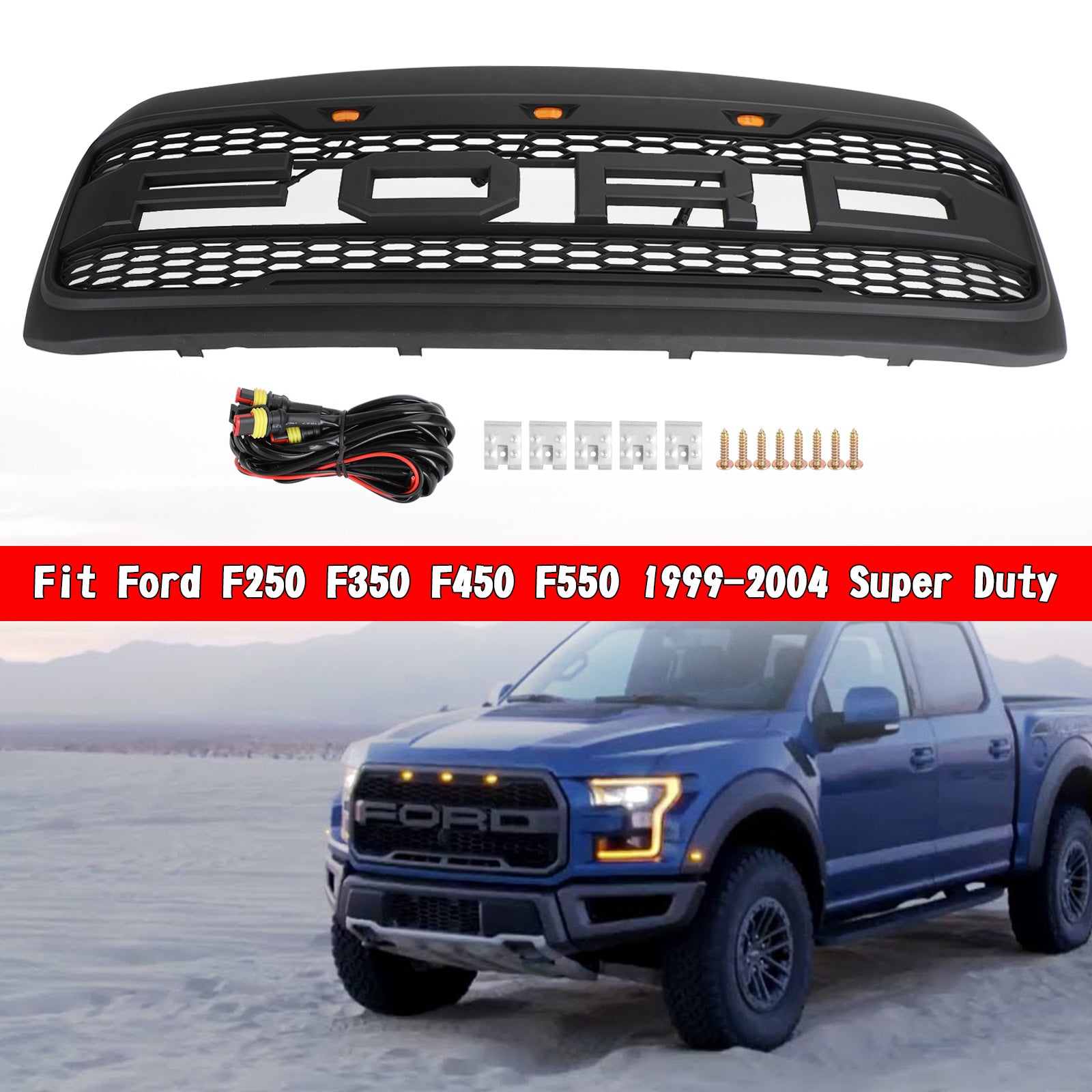 Raptor Style Grille Fit Ford F250 F350 F450 F550 1999-2004 Super Duty Black
