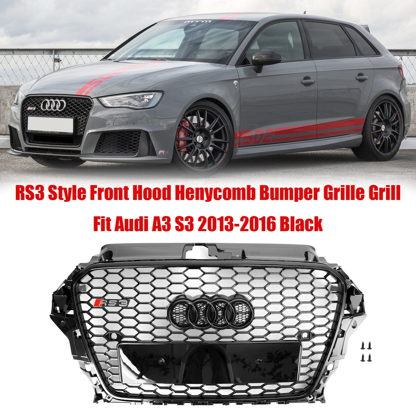 2013-2016 Audi A3 S3 Honeycomb RS3 Style Front Hood Bumper Grill Replacement Generic