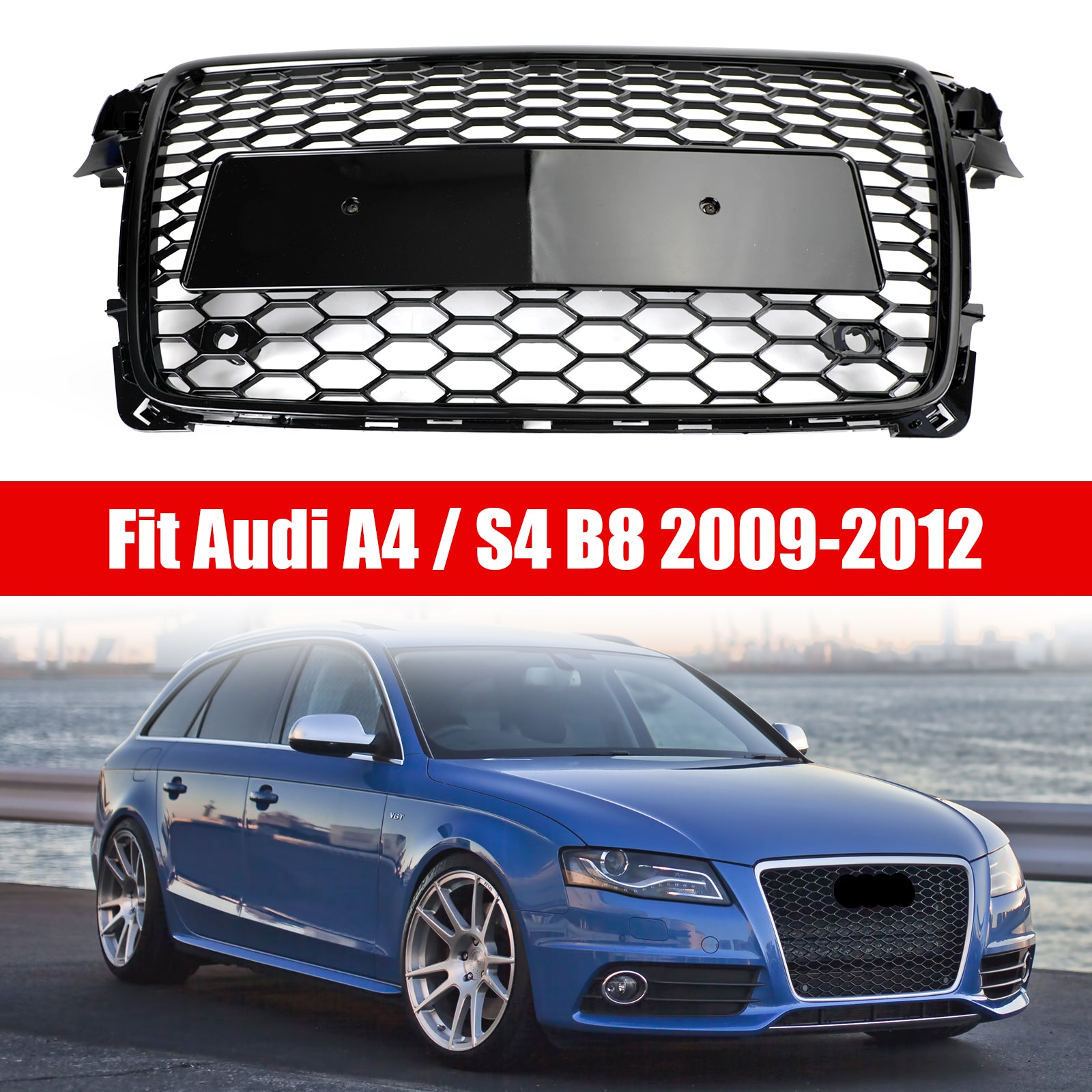 2009-2012 Audi A4/S4 Sline B8 Grill Replacement RS4 Style Honeycomb Sport Mesh Hex Grille Black Generic
