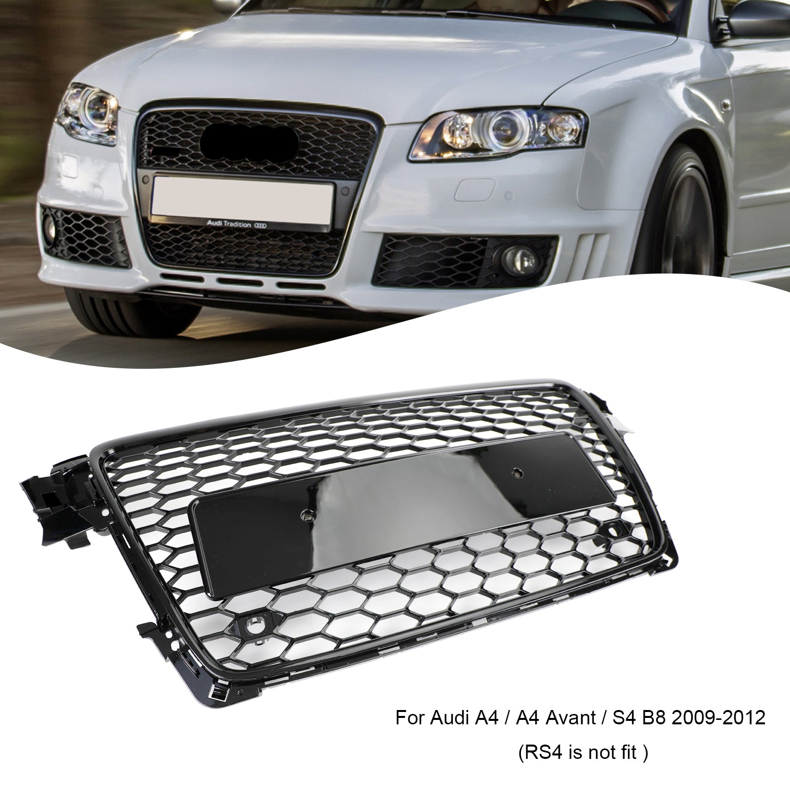 2009-2012 Audi A4/S4 Sline B8 Grill Replacement RS4 Style Honeycomb Sport Mesh Hex Grille Black Generic