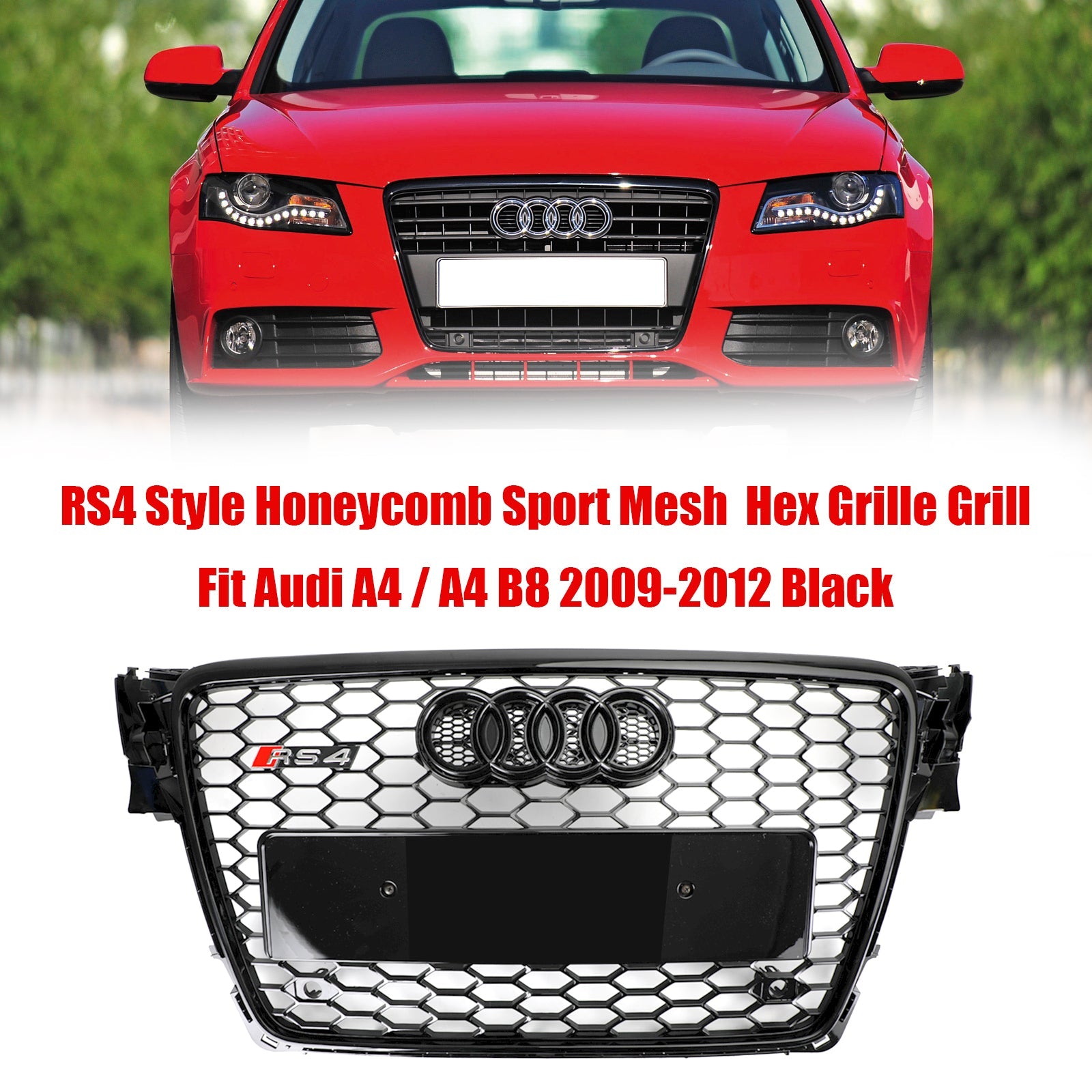 2009-2012 Audi A4/S4/ Sline B8 Honeycomb Sport Mesh Hex Grille RS4 Style Grill Replacement Black Generic