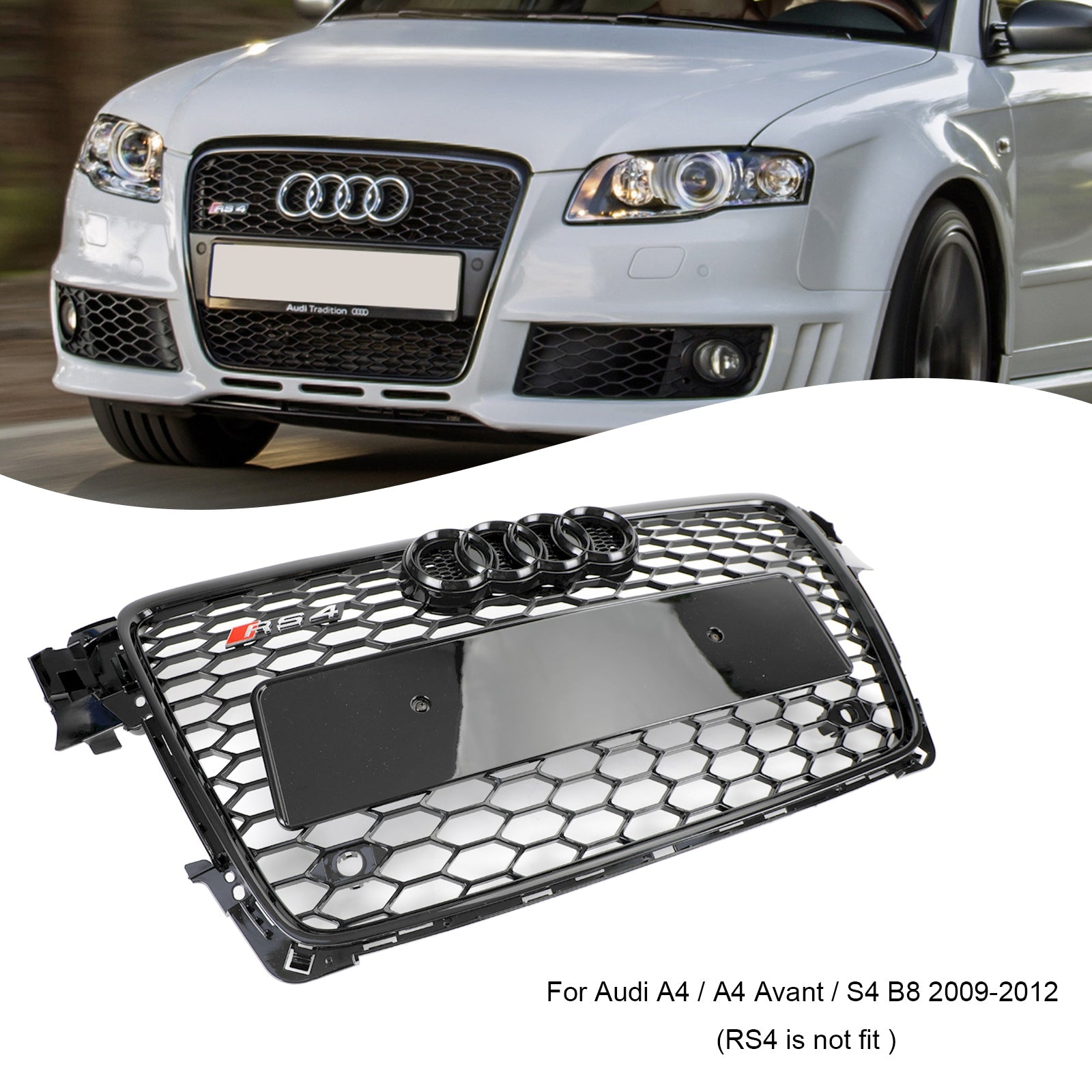 2009-2012 Audi A4/S4 Sline B8 Grill Replacement RS4 Style Honeycomb Sport Mesh Hex Grille Black Generic