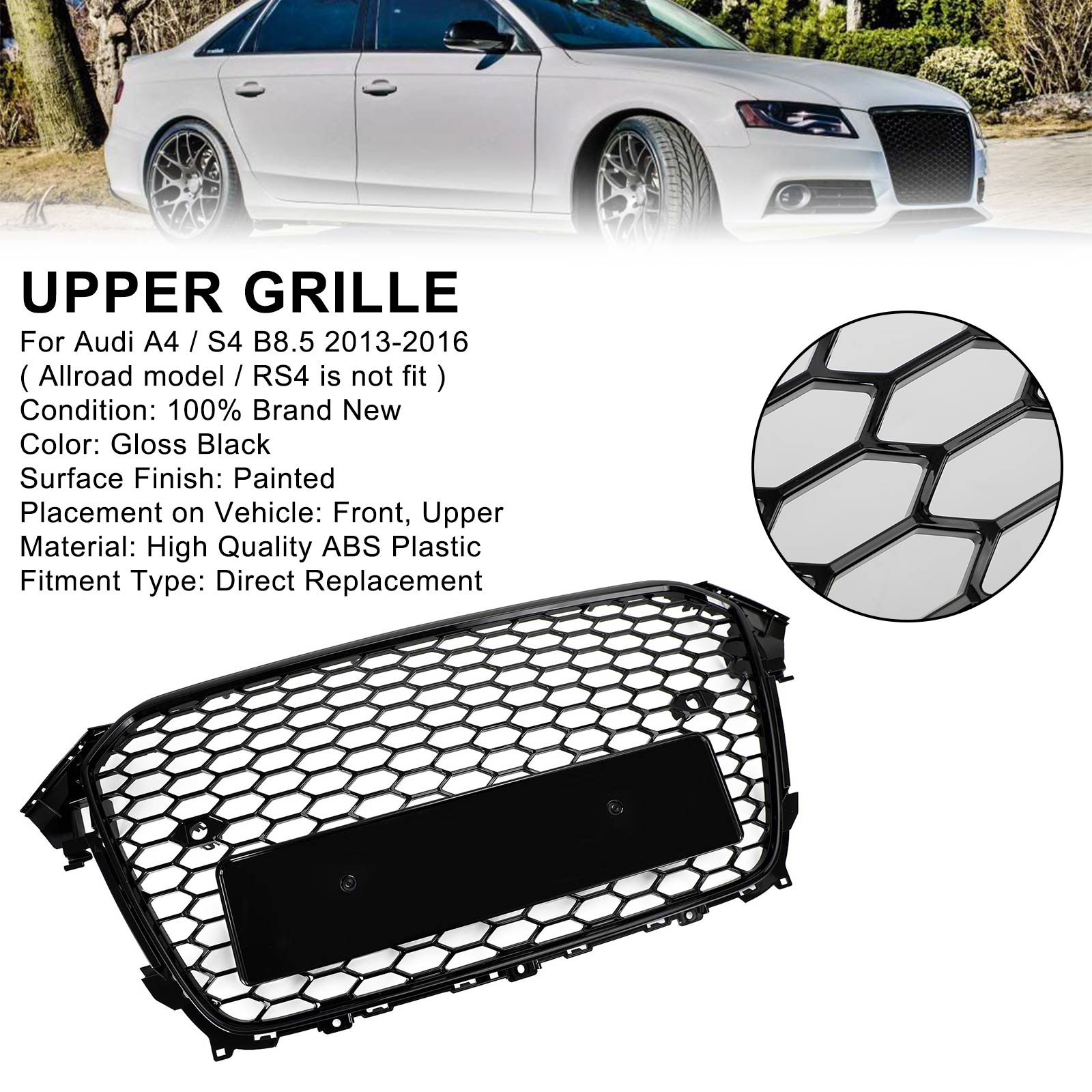 13-16 Audi A4 S4 RS4 Style Mesh Front Bumper Grille Grill Gloss Black