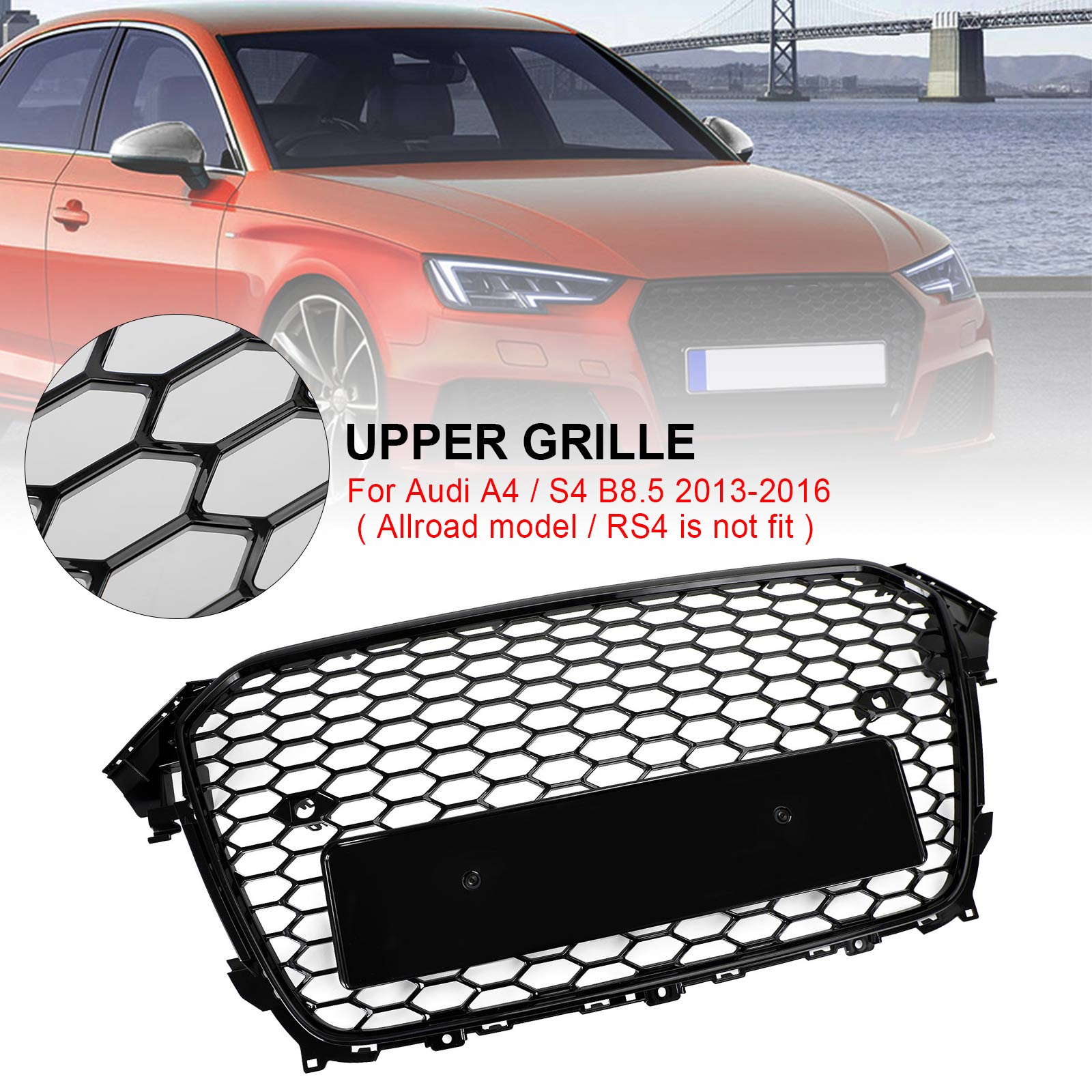 13-16 Audi A4 S4 RS4 Style Mesh Front Bumper Grille Grill Gloss Black
