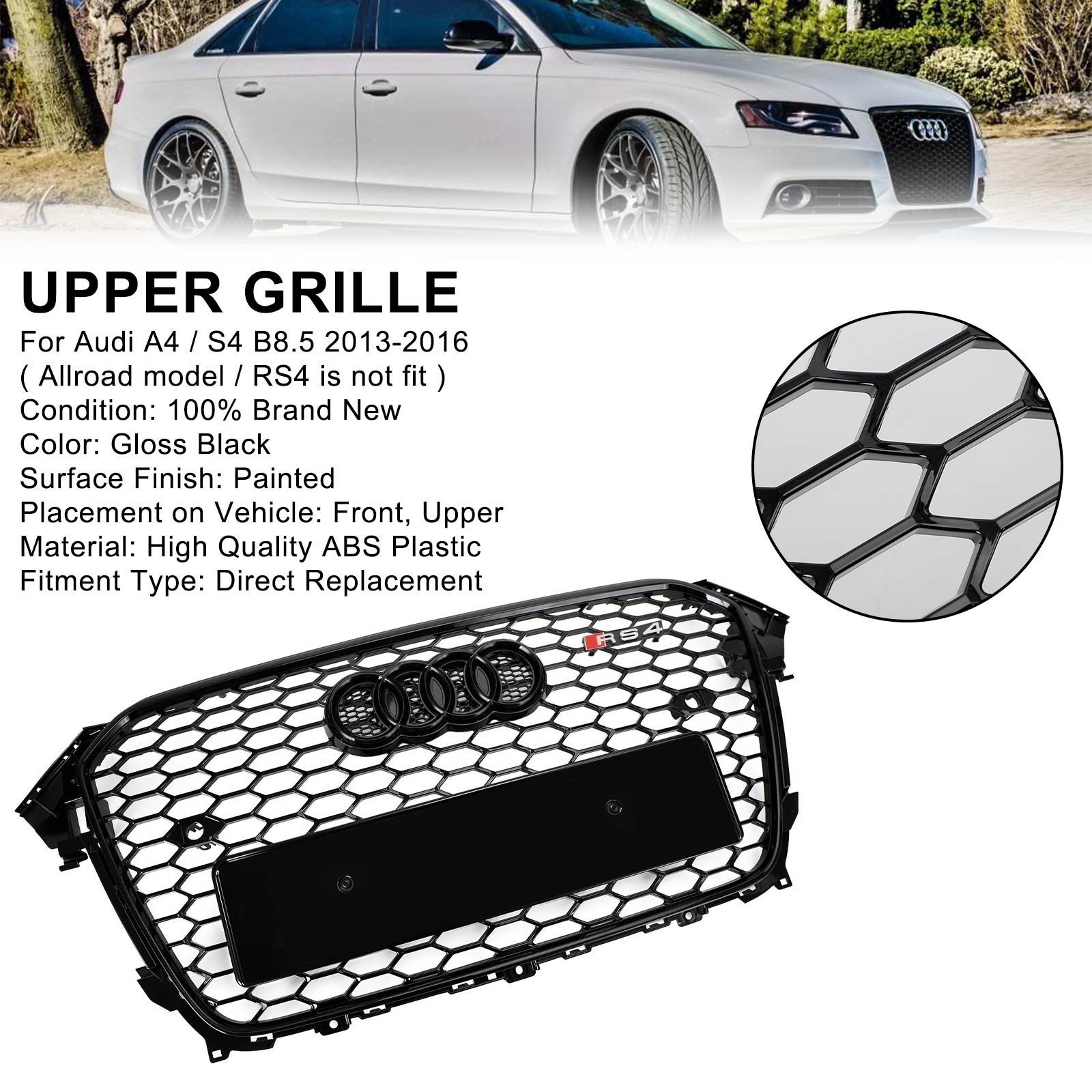13-16 Audi A4 S4 RS4 Style Mesh Front Bumper Grille Grill Gloss Black