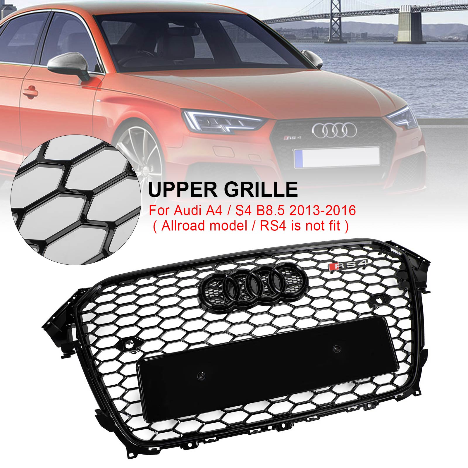 13-16 Audi A4 S4 RS4 Style Mesh Front Bumper Grille Grill Gloss Black