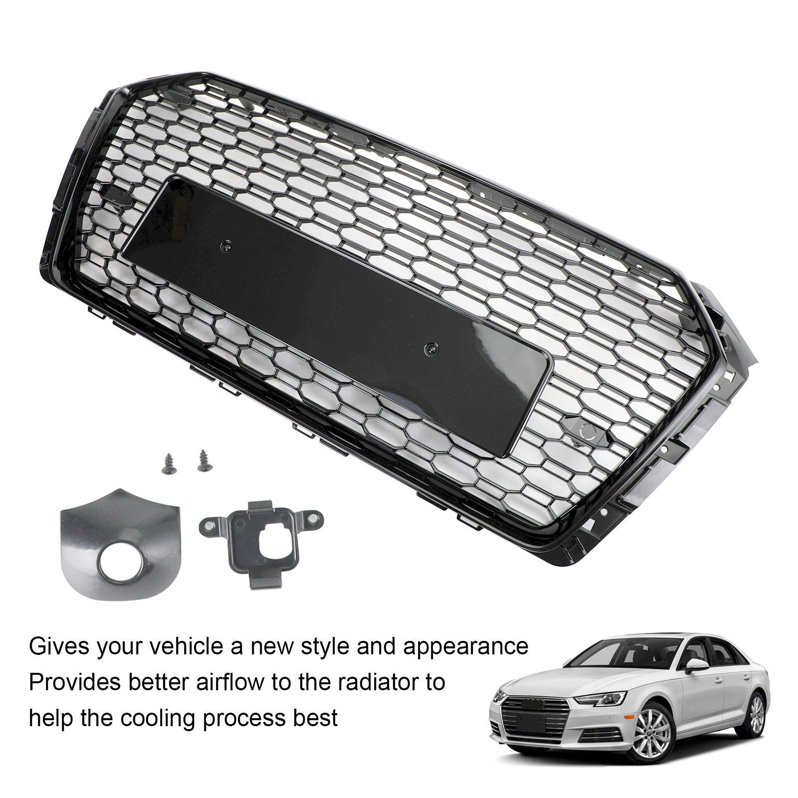 Indcontrol Honeycomb Mesh Grille – Black, RS4 Style – Fits 2017-2018 Audi A4 / S4 B9 (Front Upper)
