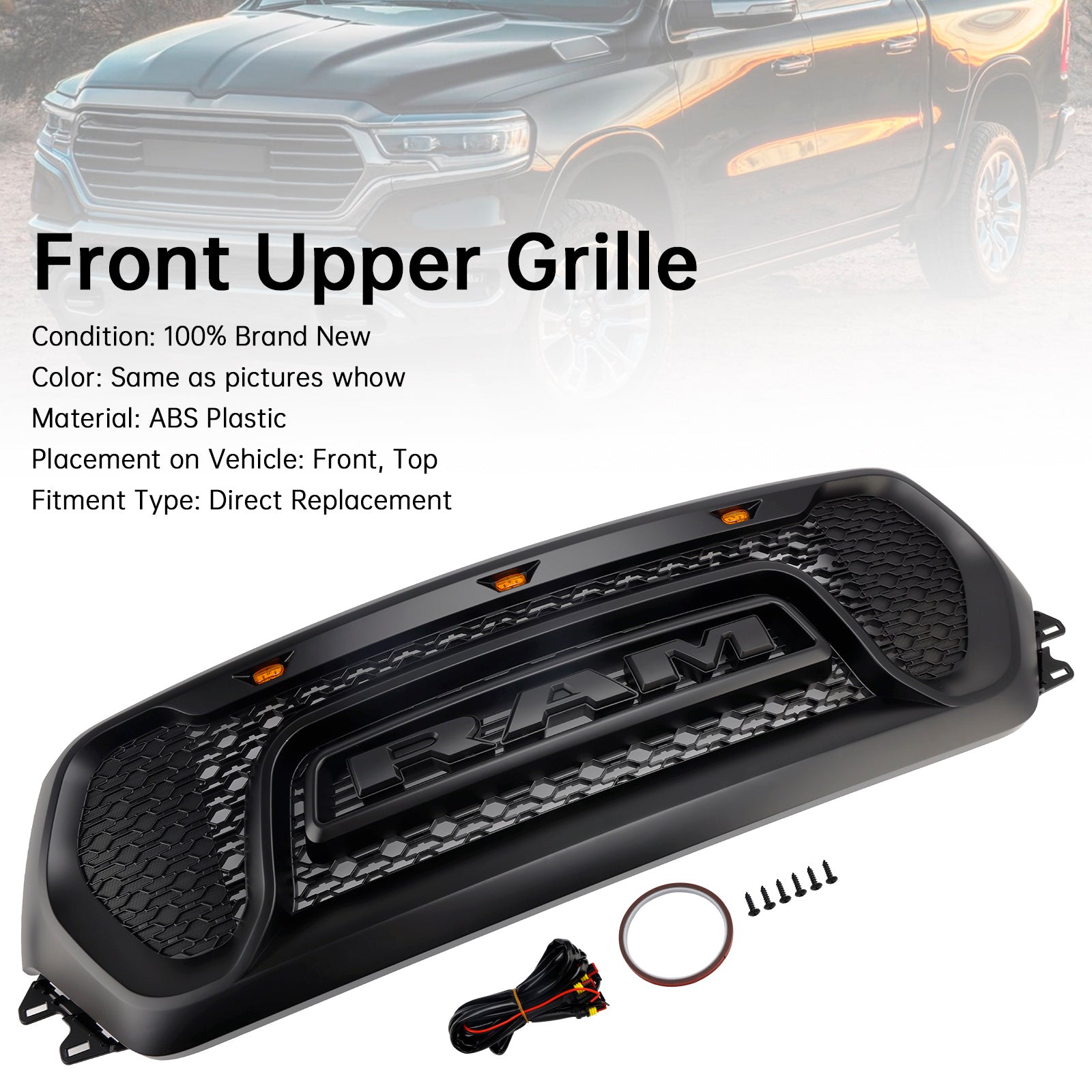 2019-2024 Dodge Ram 1500 Black Front Honeycomb Upper Hood Grille Grill