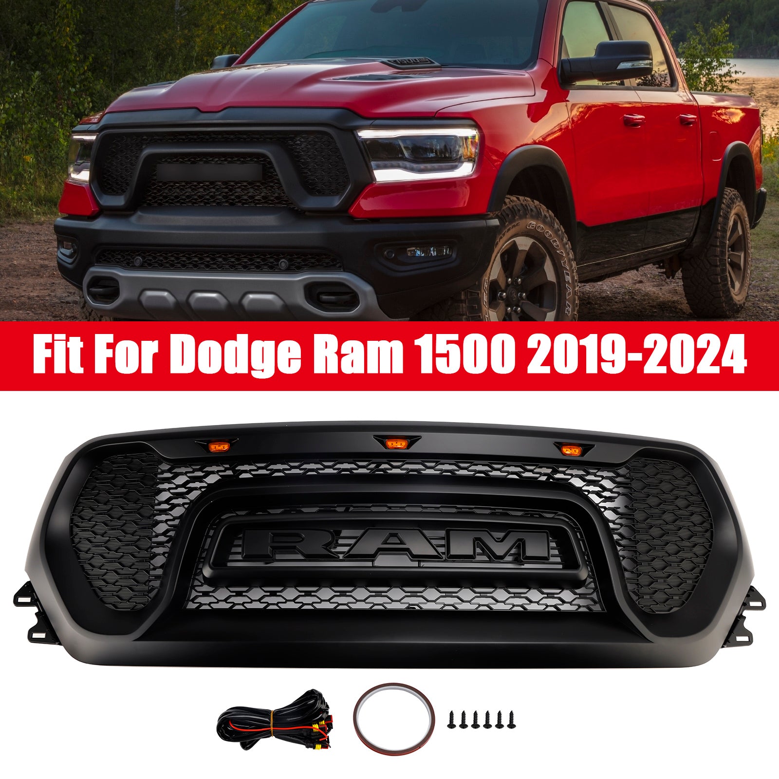 2019-2024 Dodge Ram 1500 Black Front Honeycomb Upper Hood Grille Grill