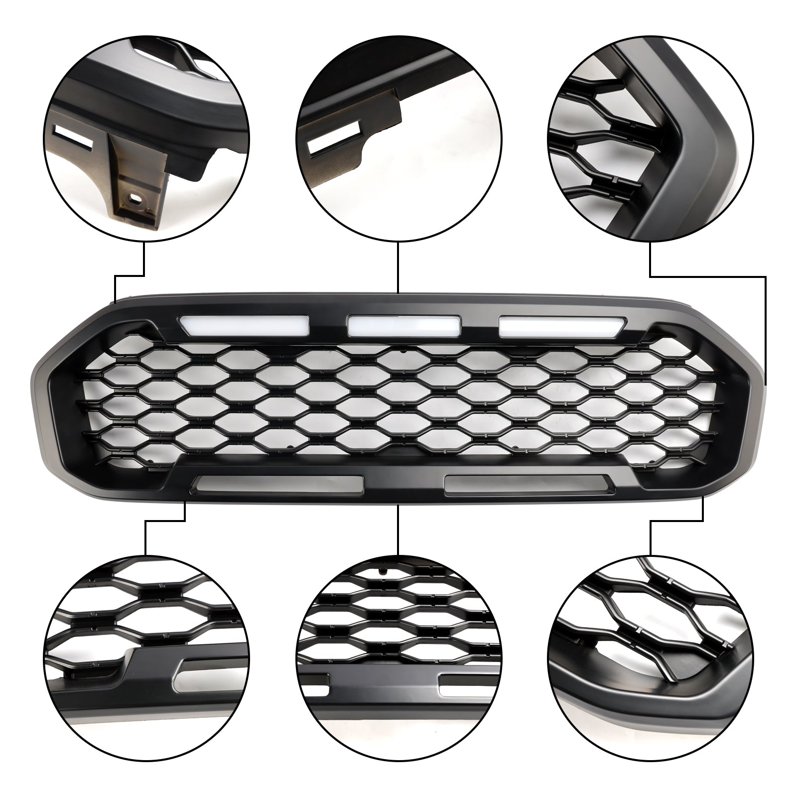 Black Front Bumper Grill Grille Fit Ford Ranger T8 2019-2023 W/LED Light