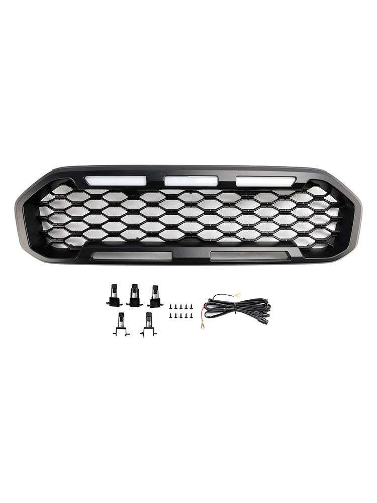 Black Front Bumper Grill Grille Fit Ford Ranger T8 2019-2023 W/LED Light