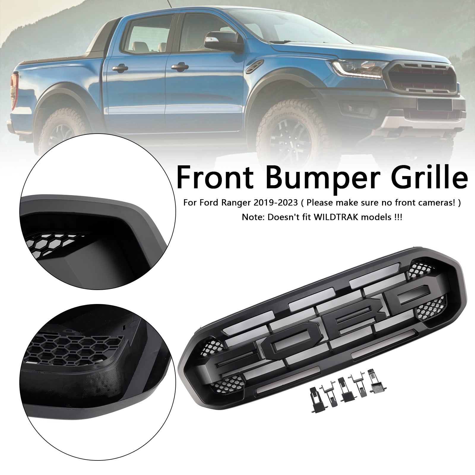 Raptor Style Front Bumper Grille Grill Fit Ford Ranger 2019-2023 Black