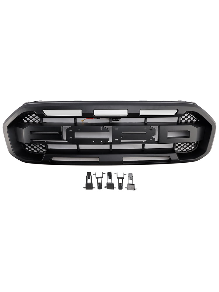Black Front Bumper Grill Grille Fit Ford Ranger T8 2019-2023 W/LED Light