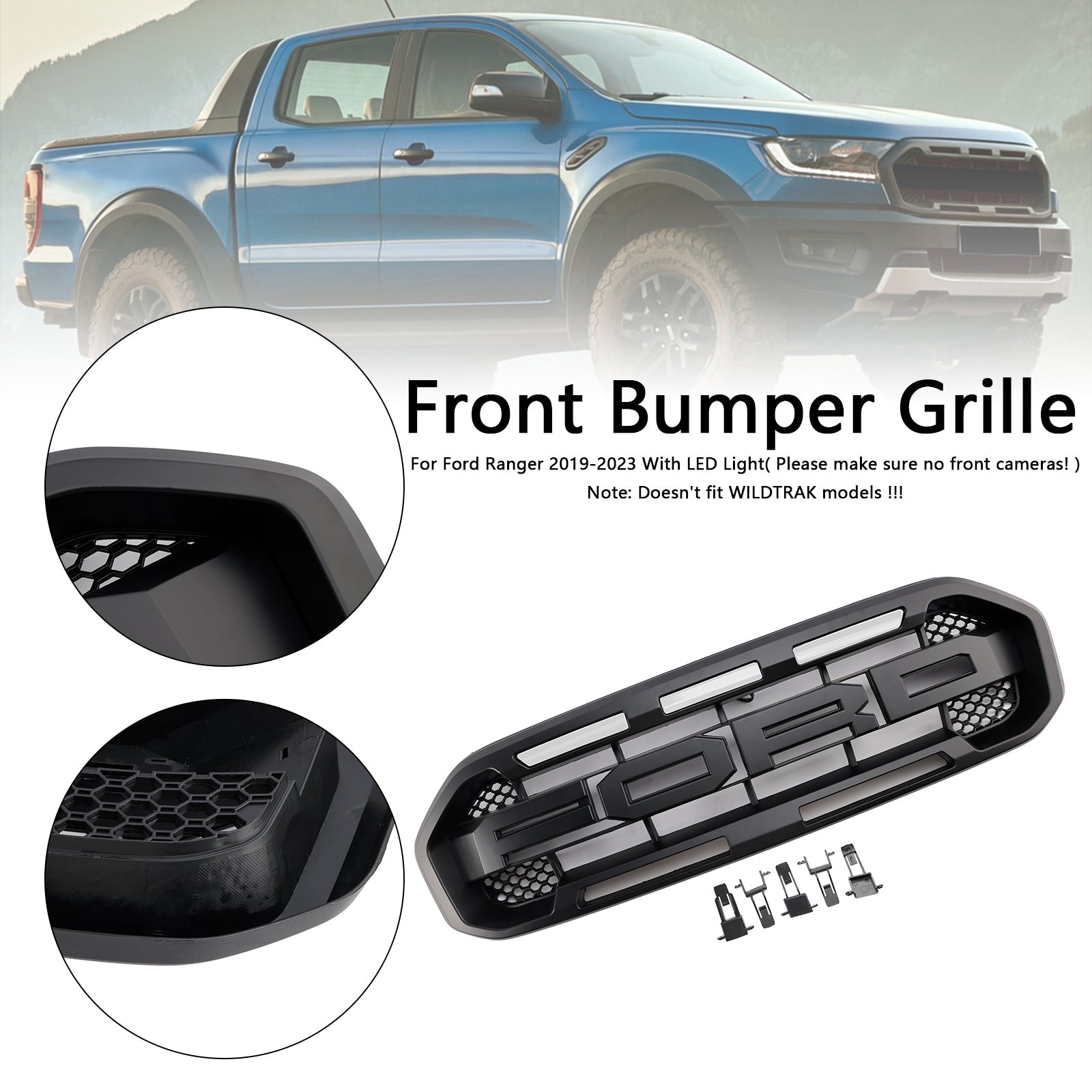 Raptor Style Front Bumper Grill Grille Fit Ford Ranger 2019-2023 Black