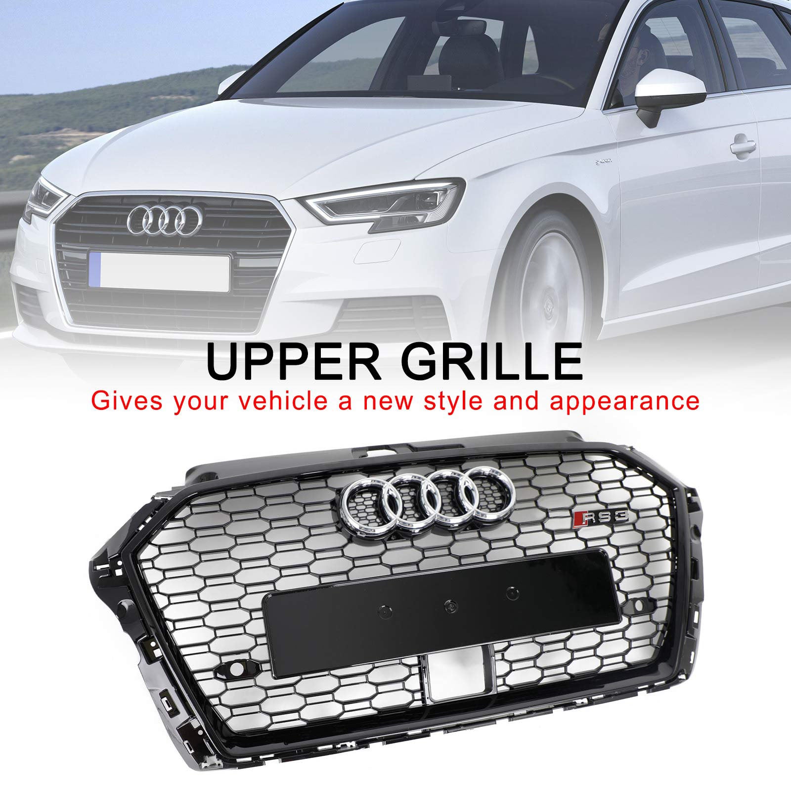 17-19 Audi A3 S3 Honeycomb Front Grille RS3 Style With ACC Gloss Black Generic