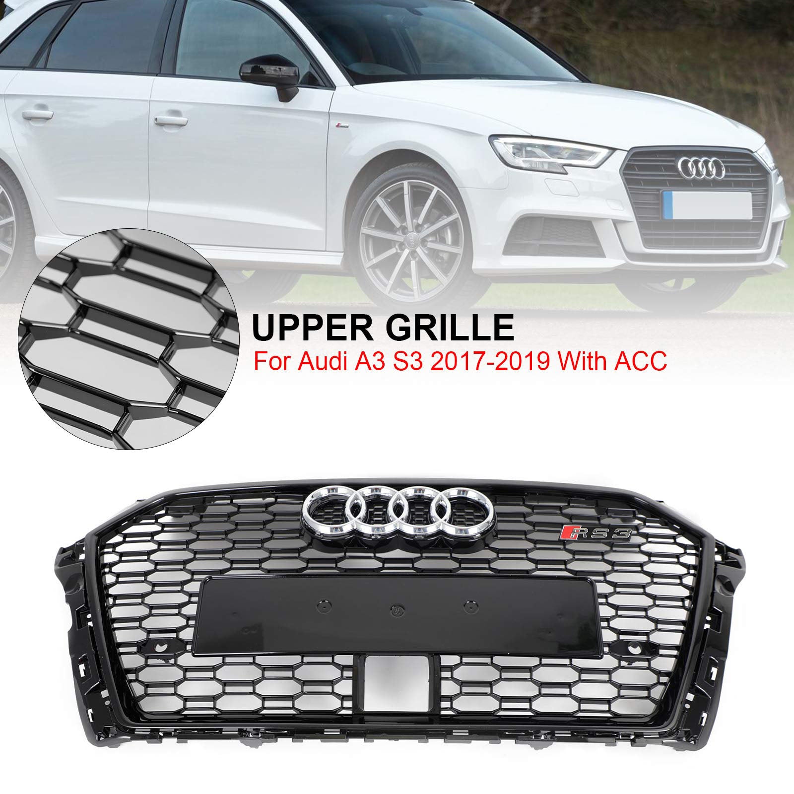 17-19 Audi A3 S3 Honeycomb Front Grille RS3 Style With ACC Gloss Black Generic