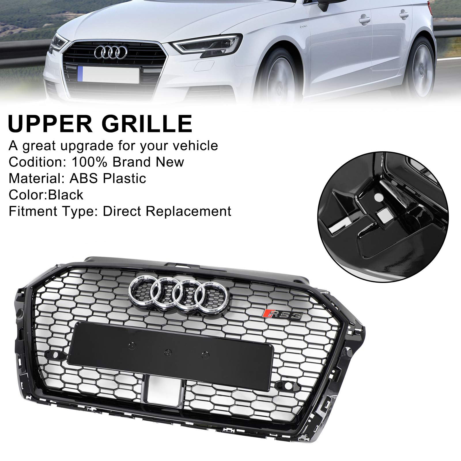 17-19 Audi A3 S3 Honeycomb Front Grille RS3 Style With ACC Gloss Black Generic
