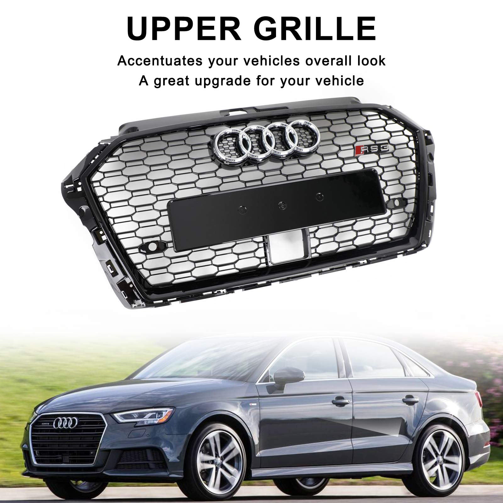 17-19 Audi A3 S3 Honeycomb Front Grille RS3 Style With ACC Gloss Black Generic