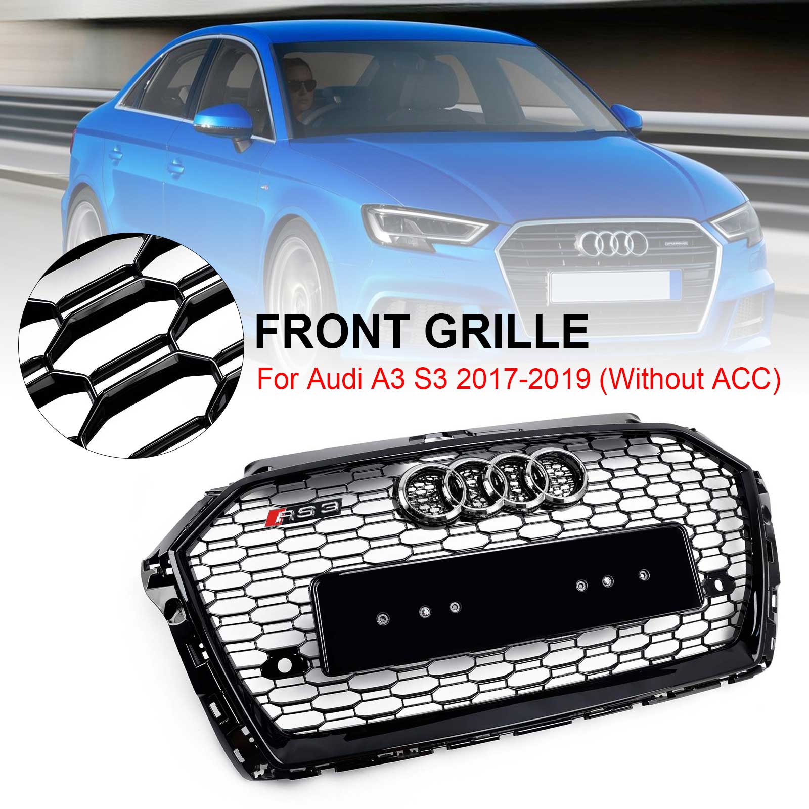 2017 2018 2019 Audi A3 8V RS3 Style Honeycomb Mesh Front Bumper Grille Black