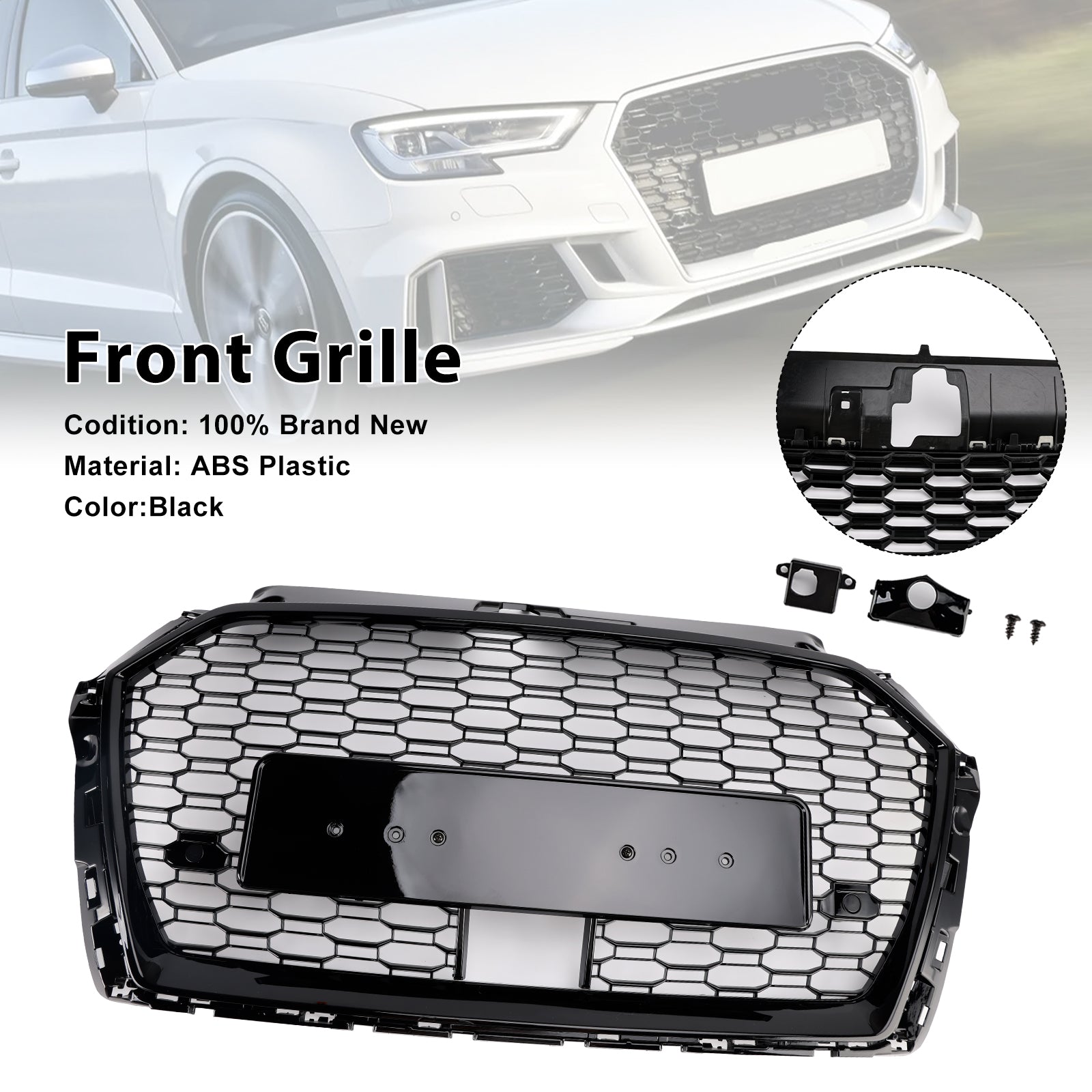 2017-2019 Audi A3 S3 W/ACC RS3 Style Honeycomb Front Grille Grill Black