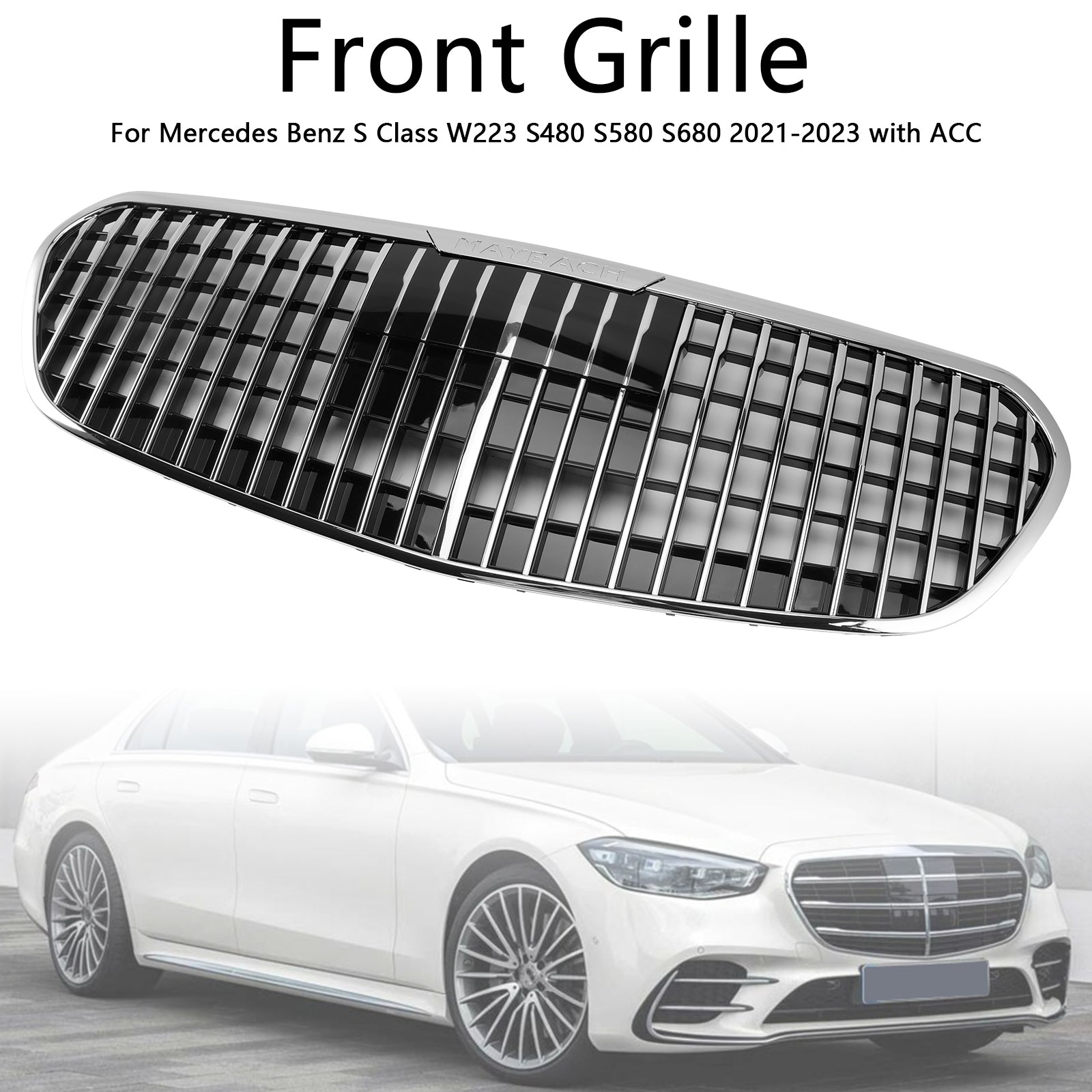 2021-2023 Mercedes Benz S Class W223 S480 S580 S680 + Chrome Front Bumper Grille Grill with ACC