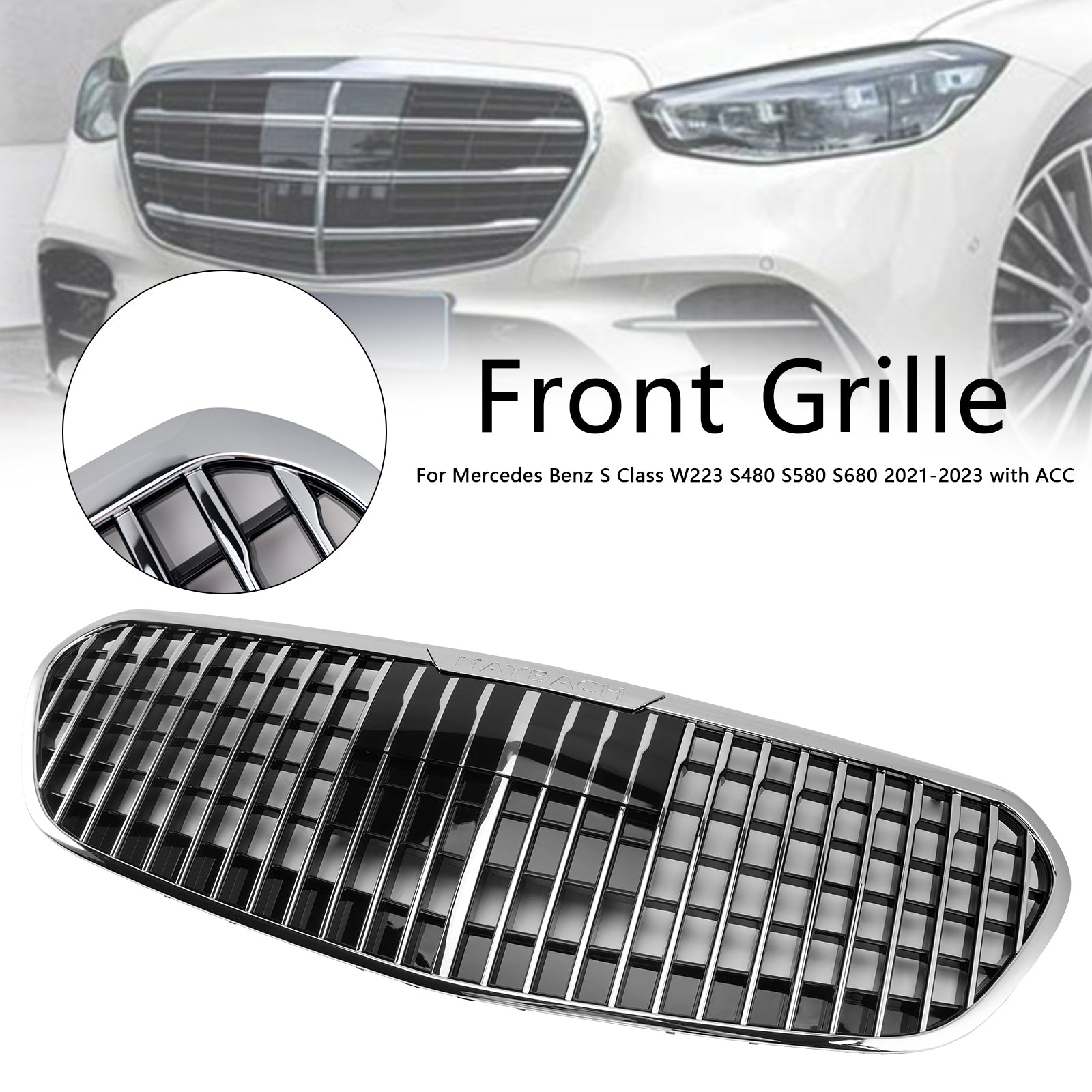 2021-2023 Mercedes Benz S Class W223 S480 S580 S680 + Chrome Front Bumper Grille Grill with ACC