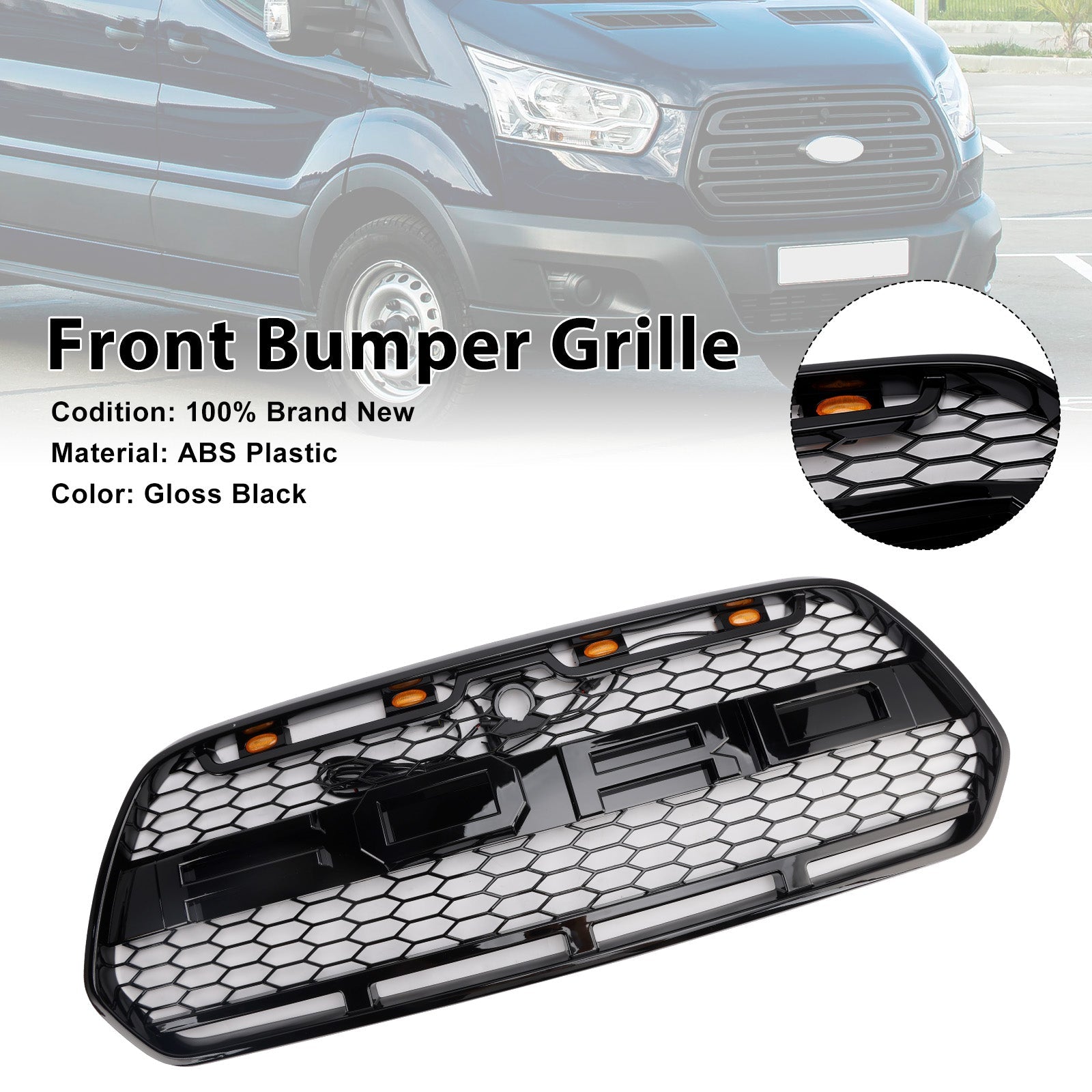 2015-2018 Ford Transit MK8 Raptor W/LED Gloss Black Front Bumper Grille Grill