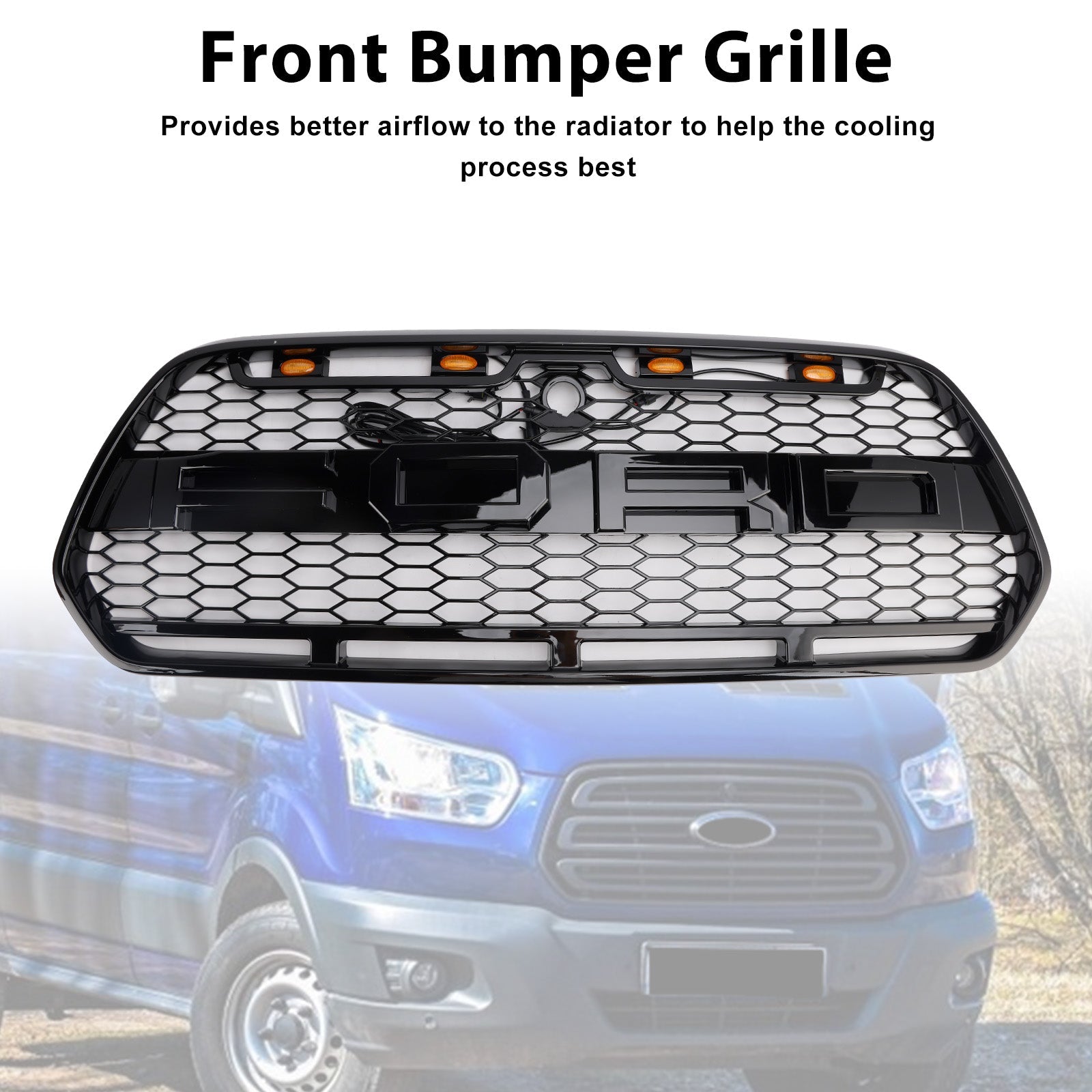 2015-2018 Ford Transit MK8 Raptor W/LED Gloss Black Front Bumper Grille Grill