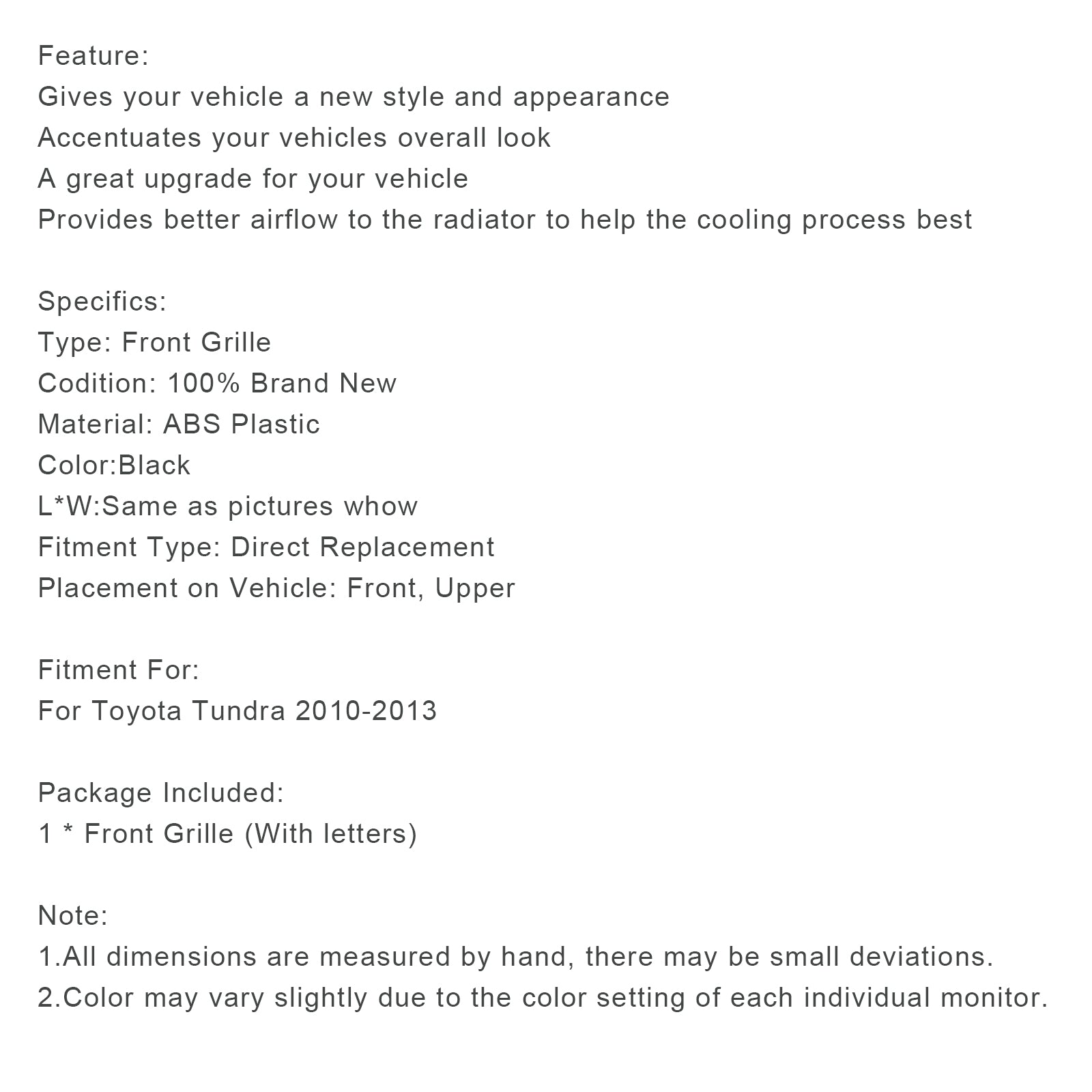 Toyota Tundra 2010-2013 TRD PRO
Honeycomb Front Bumper Grill Grille Black